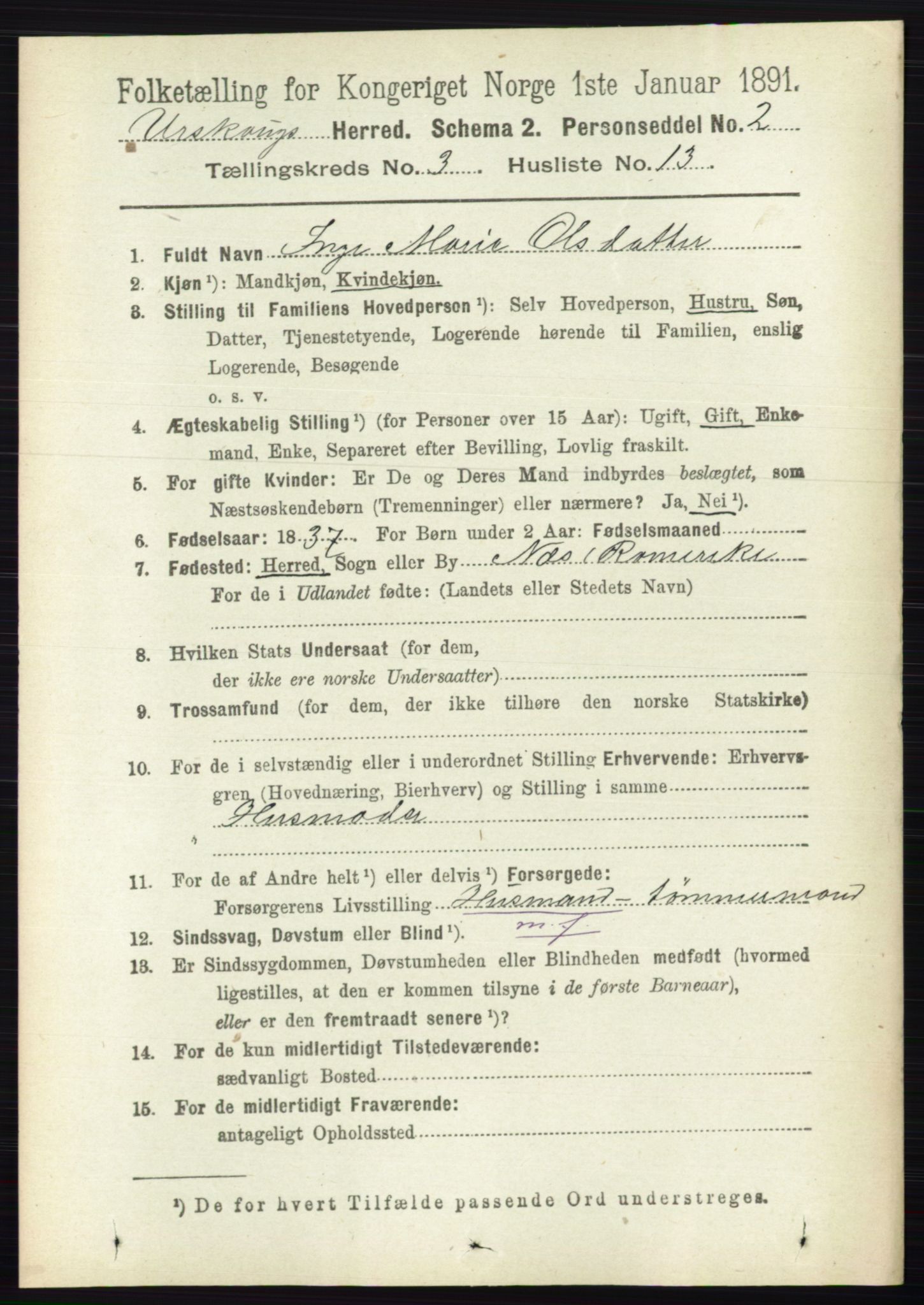 RA, 1891 census for 0224 Aurskog, 1891, p. 585