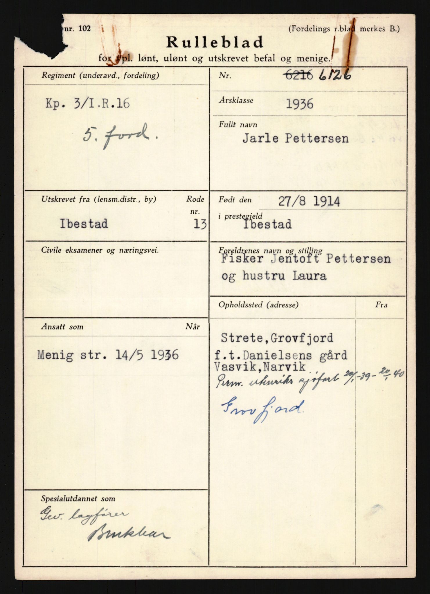 Forsvaret, Troms infanteriregiment nr. 16, AV/RA-RAFA-3146/P/Pa/L0020: Rulleblad for regimentets menige mannskaper, årsklasse 1936, 1936, p. 1123