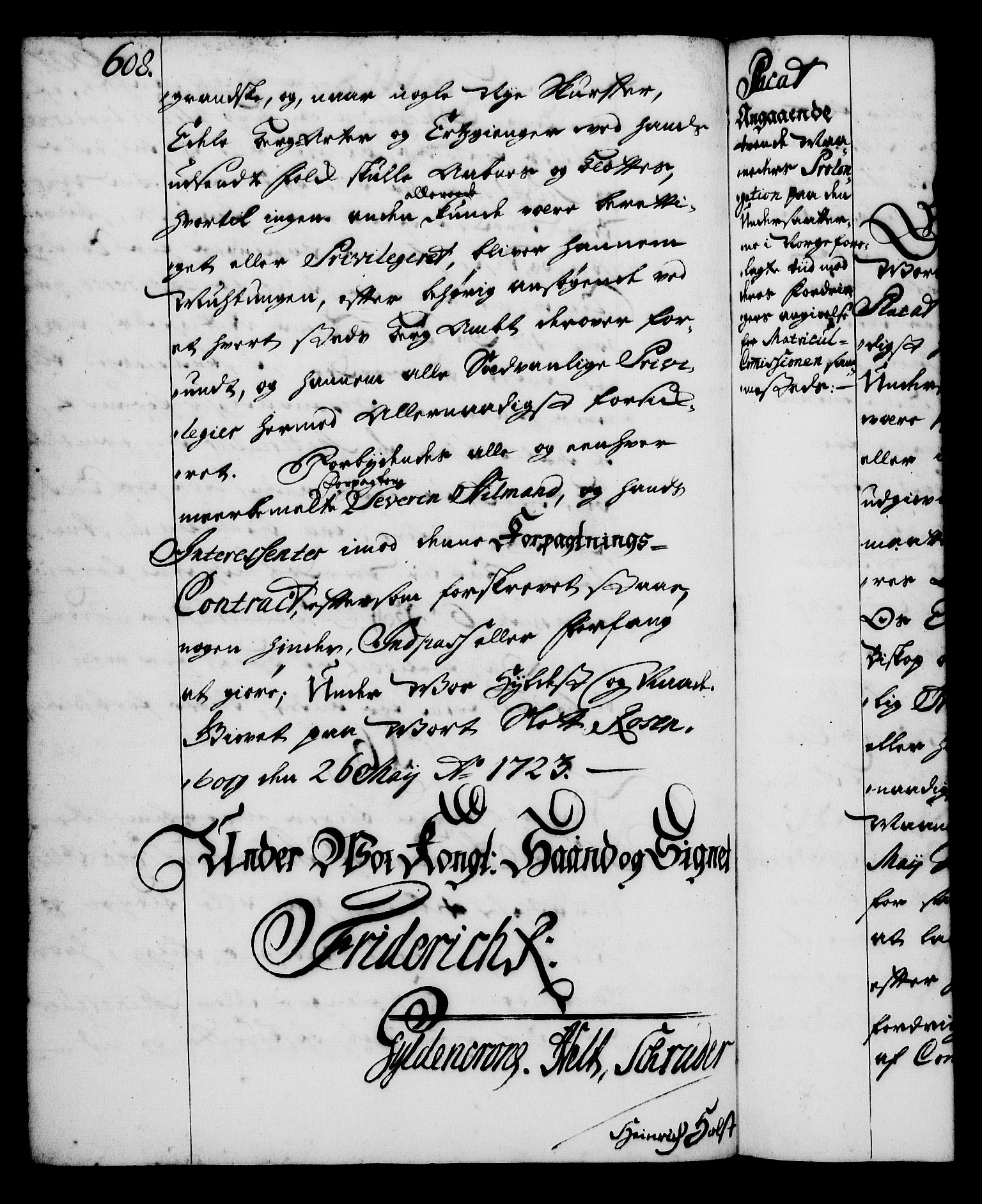 Rentekammeret, Kammerkanselliet, RA/EA-3111/G/Gg/Gga/L0001: Norsk ekspedisjonsprotokoll med register (merket RK 53.1), 1720-1723, p. 608