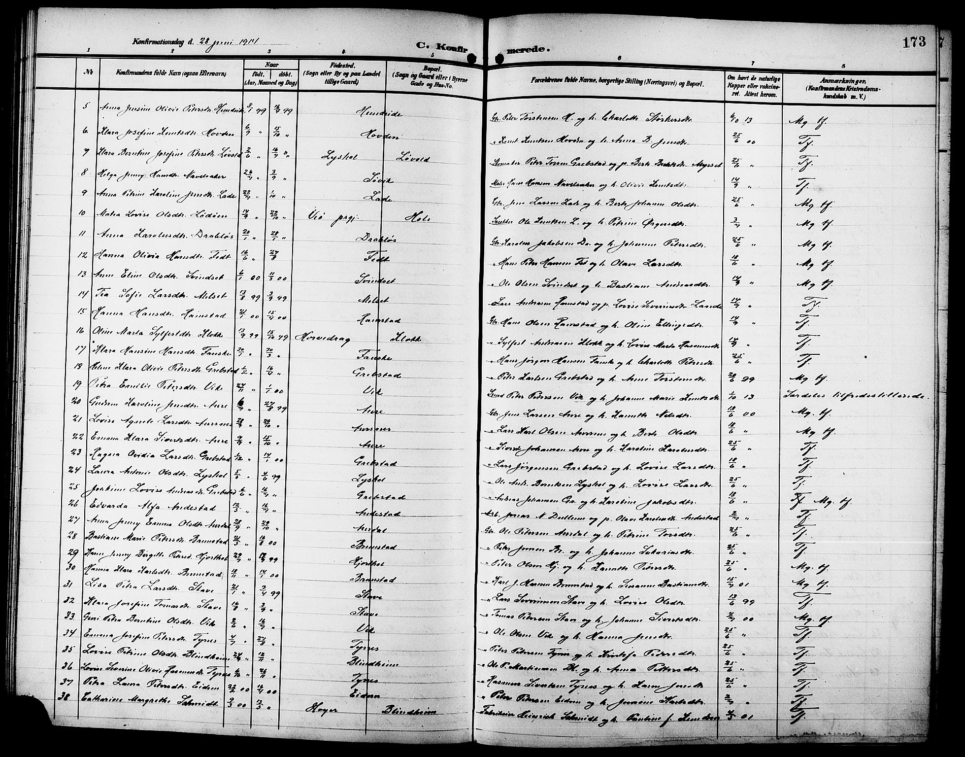 Ministerialprotokoller, klokkerbøker og fødselsregistre - Møre og Romsdal, SAT/A-1454/523/L0341: Parish register (copy) no. 523C04, 1903-1916, p. 173