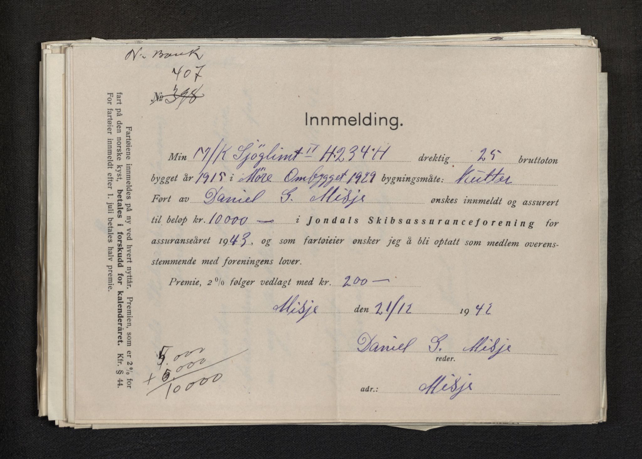 Jondal Skipsassuranseforening, AV/SAB-SAB/PA-0276/E/L0113: Korrespondanse , 1943