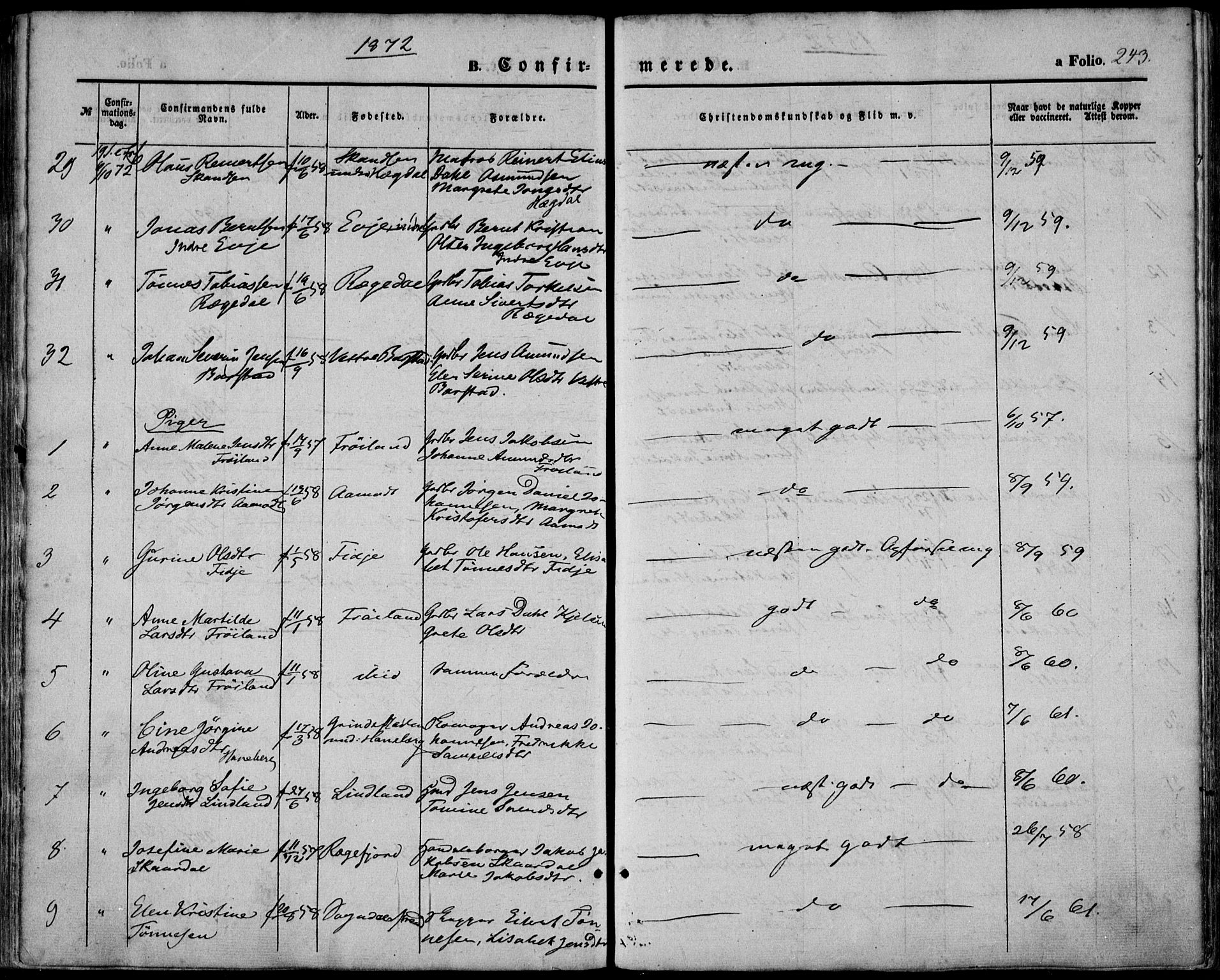 Sokndal sokneprestkontor, AV/SAST-A-101808: Parish register (official) no. A 9, 1857-1874, p. 243