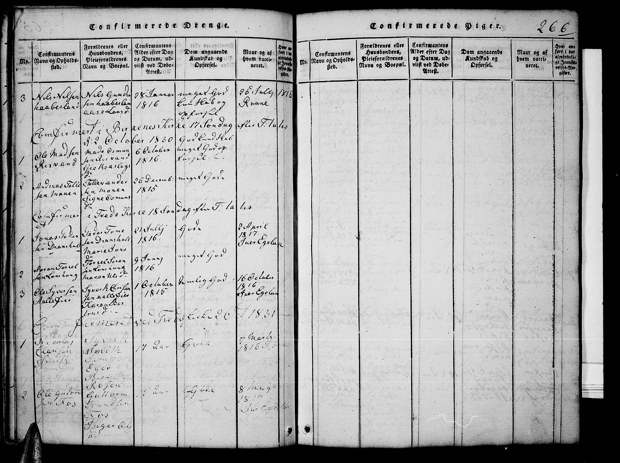 Tveit sokneprestkontor, AV/SAK-1111-0043/F/Fb/L0001: Parish register (copy) no. B 1, 1820-1834, p. 266