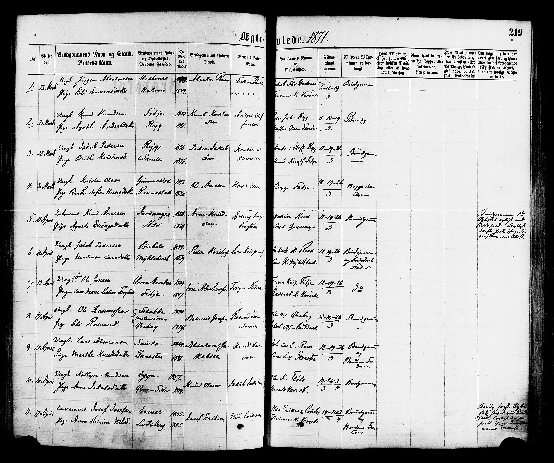 Gloppen sokneprestembete, SAB/A-80101/H/Haa/Haaa/L0010: Parish register (official) no. A 10, 1871-1884, p. 219