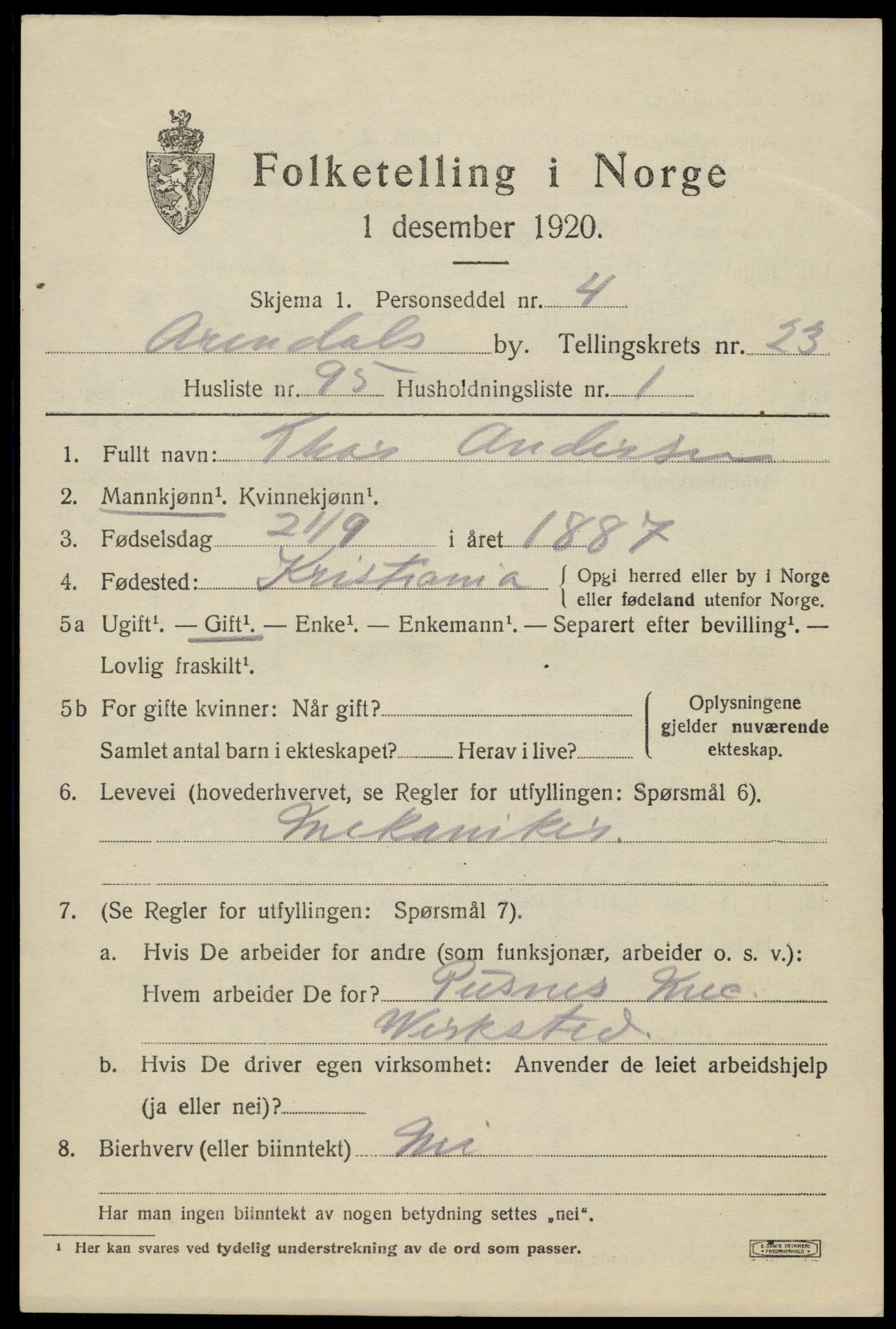 SAK, 1920 census for Arendal, 1920, p. 29780