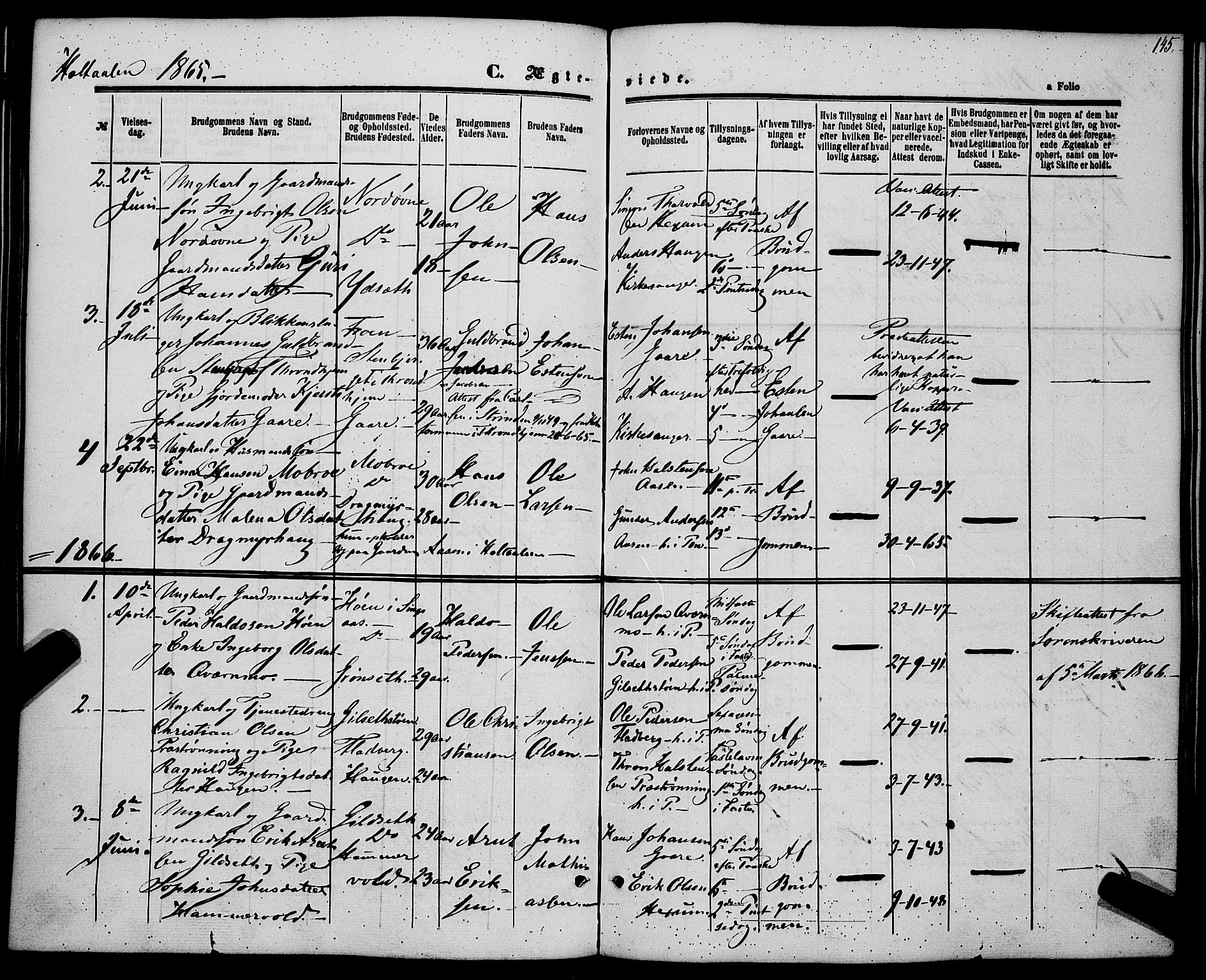 Ministerialprotokoller, klokkerbøker og fødselsregistre - Sør-Trøndelag, SAT/A-1456/685/L0966: Parish register (official) no. 685A07 /1, 1860-1869, p. 145