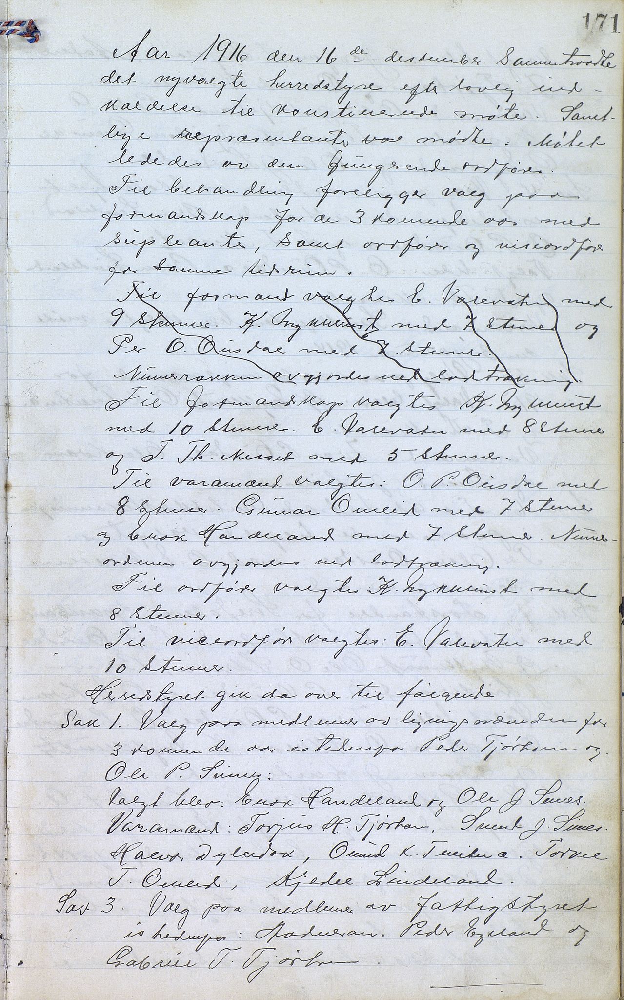 Øvre Sirdal kommune - Formannskapet/Kommunestyret, ARKSOR/1046ØS120/A/L0001: Møtebok (d), 1905-1917, p. 171