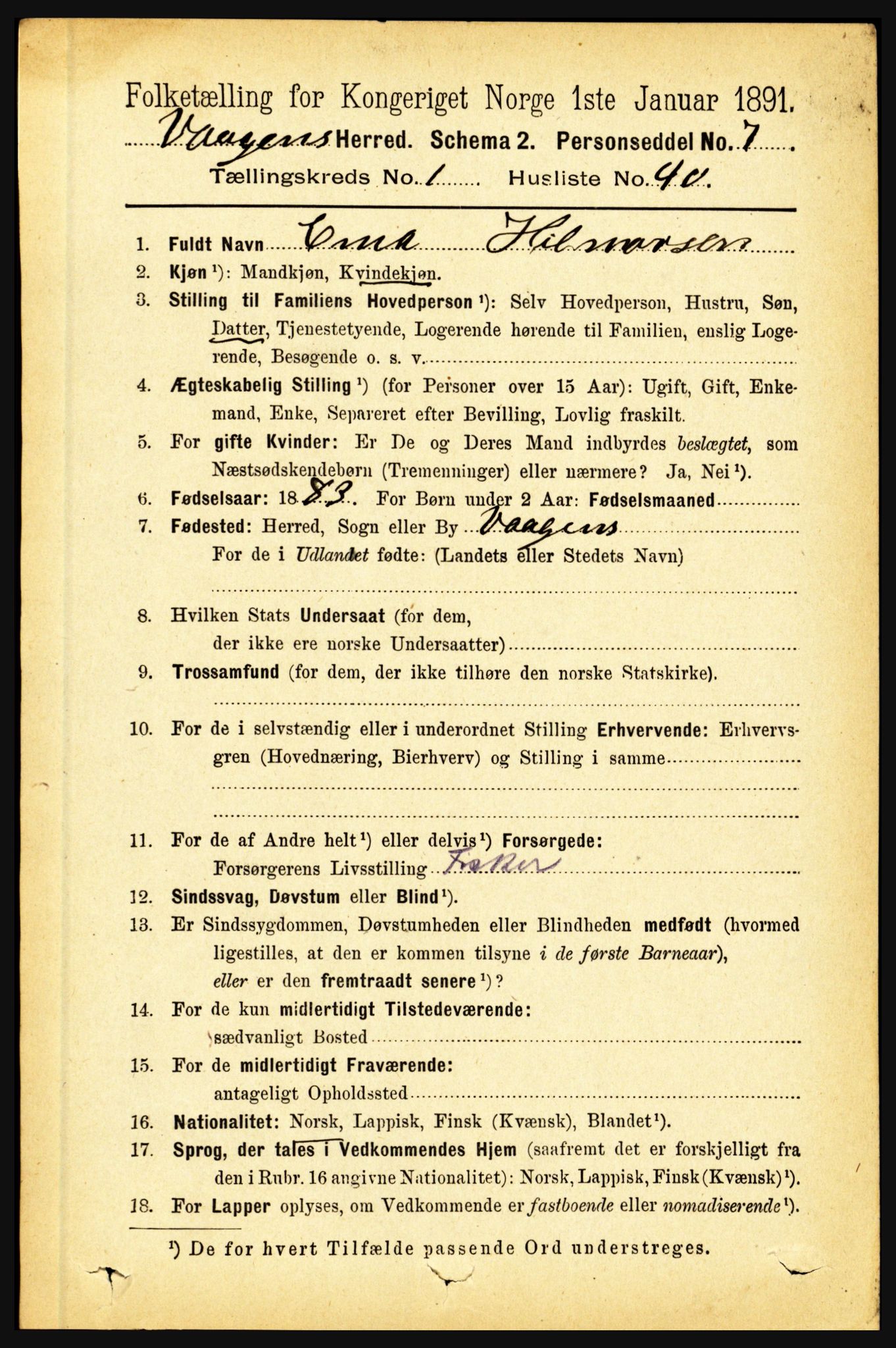 RA, 1891 census for 1865 Vågan, 1891, p. 372