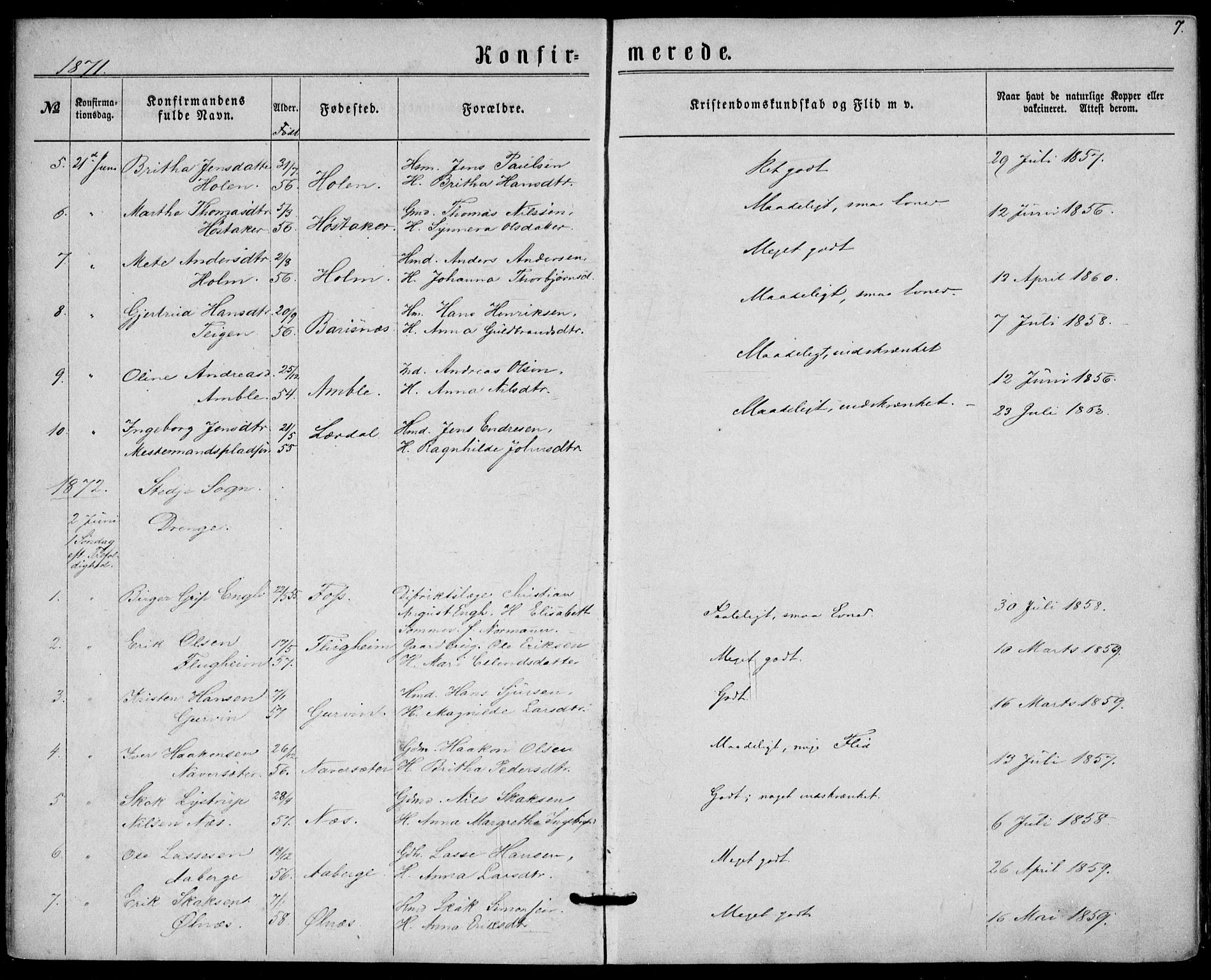 Sogndal sokneprestembete, SAB/A-81301/H/Haa/Haaa/L0015: Parish register (official) no. A 15, 1871-1904, p. 7