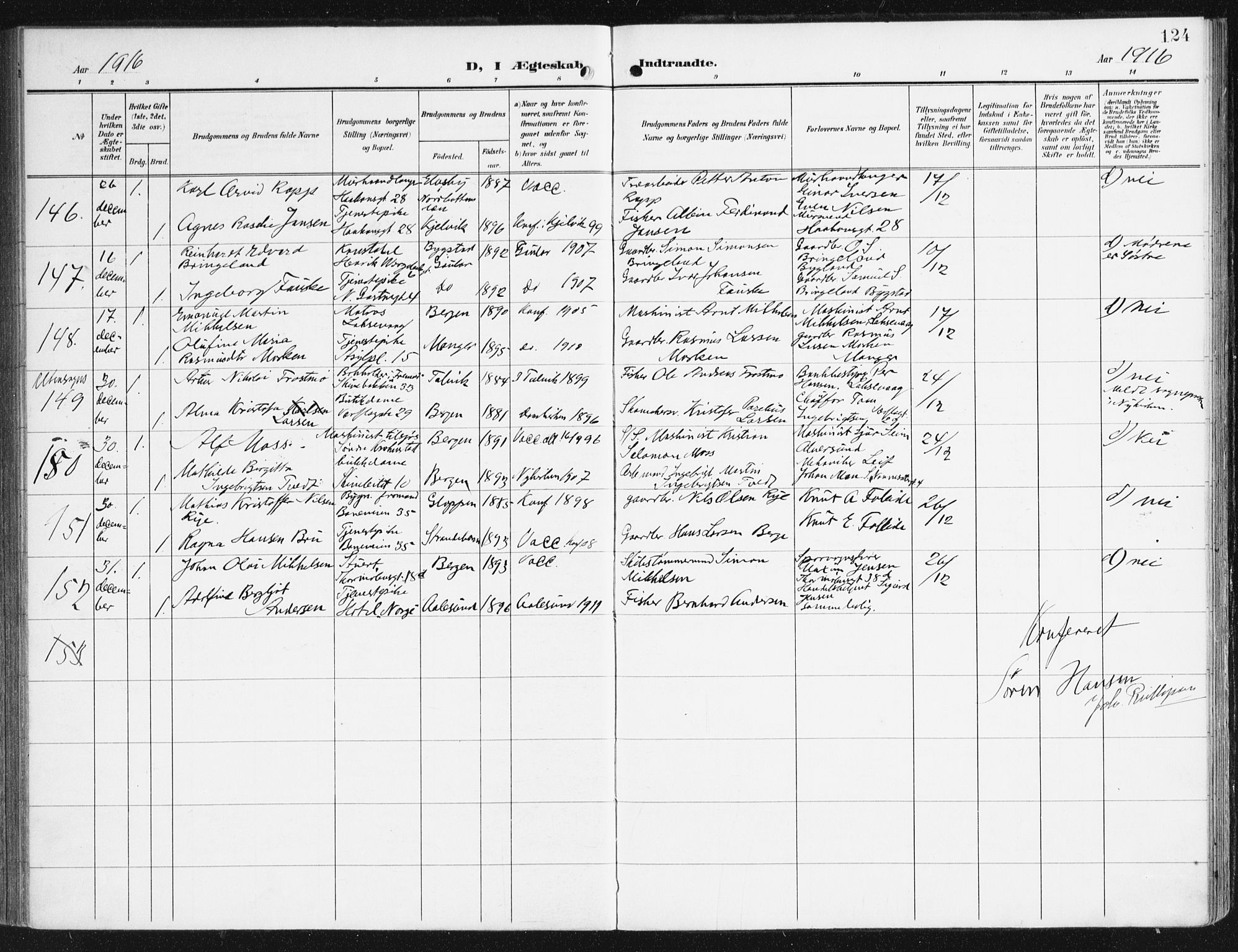 Domkirken sokneprestembete, AV/SAB-A-74801/H/Haa/L0038: Parish register (official) no. D 5, 1906-1921, p. 124