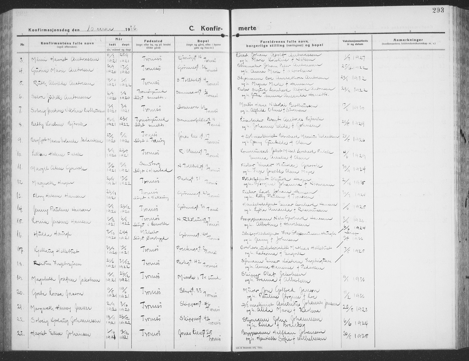 Tromsø sokneprestkontor/stiftsprosti/domprosti, AV/SATØ-S-1343/G/Gb/L0010klokker: Parish register (copy) no. 10, 1925-1937, p. 293