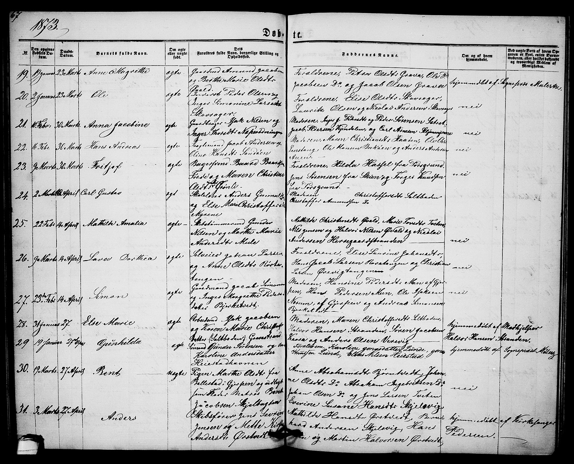 Eidanger kirkebøker, AV/SAKO-A-261/G/Ga/L0001: Parish register (copy) no. 1, 1863-1878, p. 67
