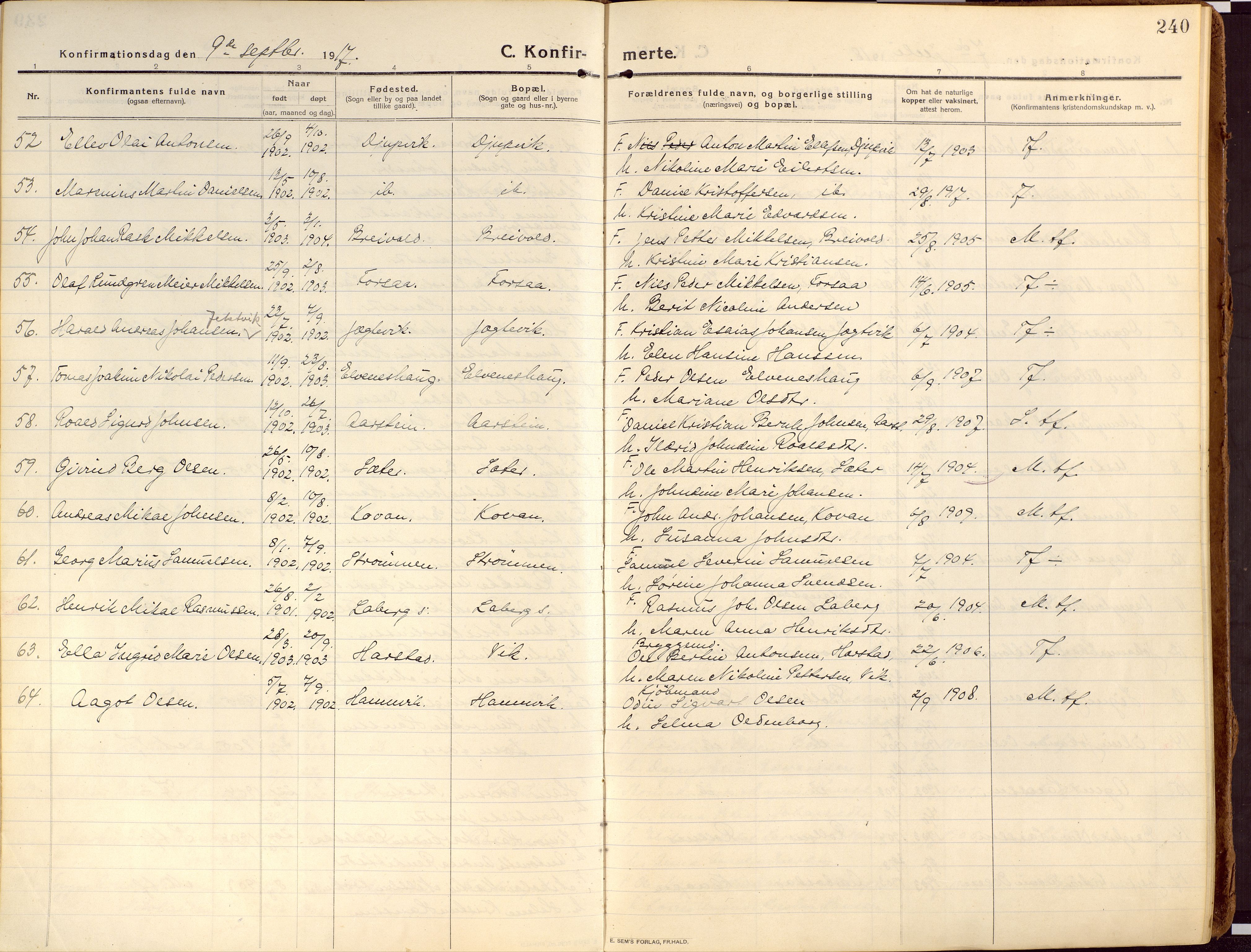 Ibestad sokneprestembete, SATØ/S-0077/H/Ha/Haa/L0018kirke: Parish register (official) no. 18, 1915-1929, p. 240
