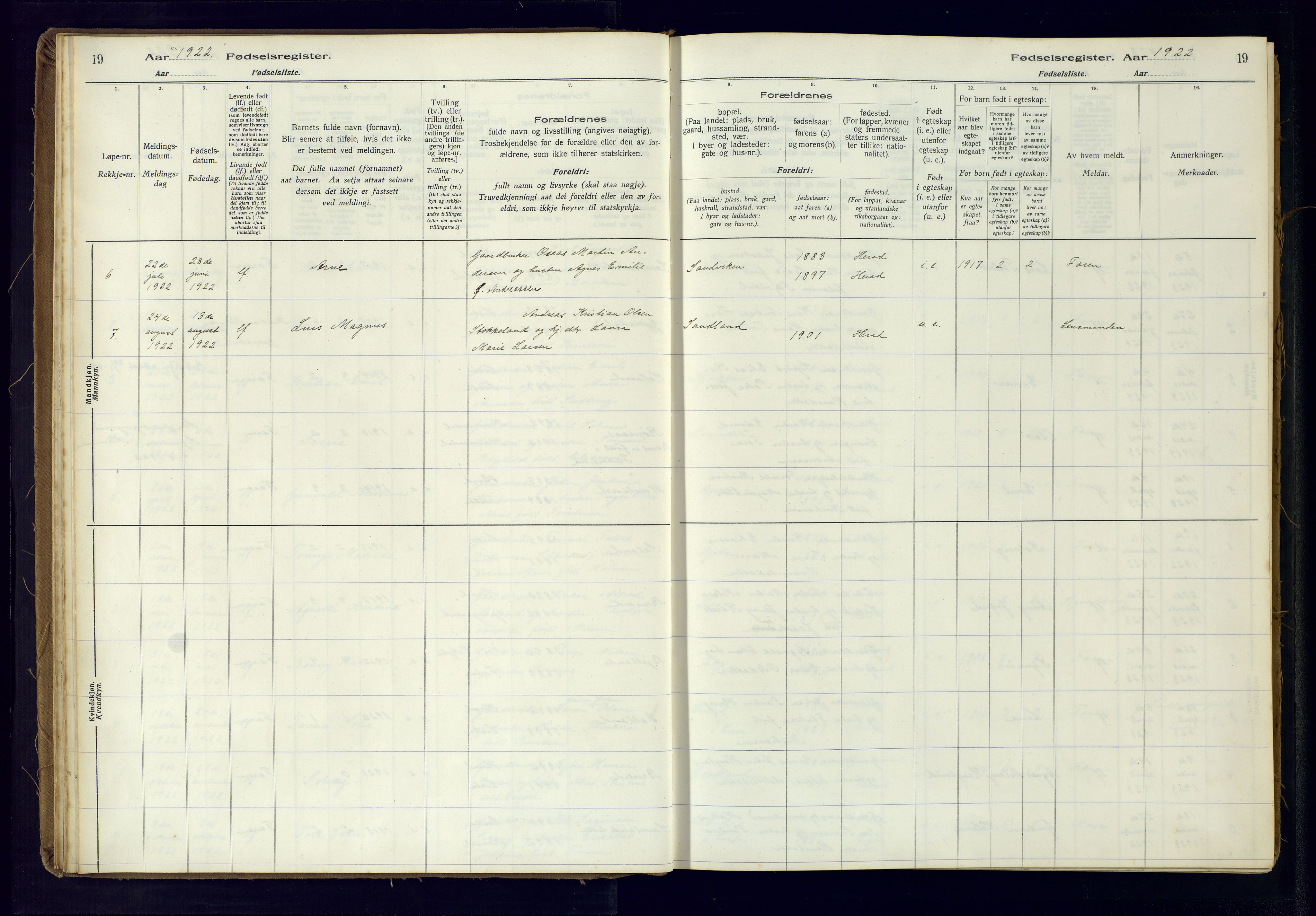 Herad sokneprestkontor, AV/SAK-1111-0018/J/Ja/L0001: Birth register no. A-VI-12, 1916-1981, p. 19