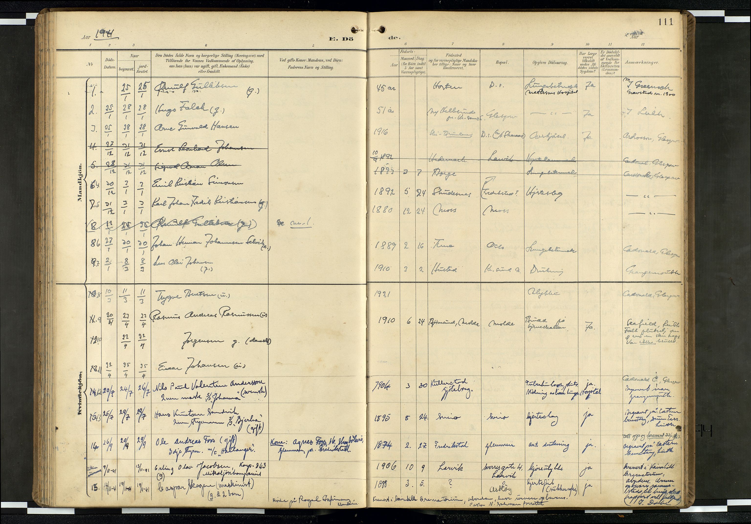 Den norske sjømannsmisjon i utlandet/Skotske havner (Leith, Glasgow), SAB/SAB/PA-0100/H/Ha/Haa/L0004: Parish register (official) no. A 4, 1899-1949, p. 110b-111a