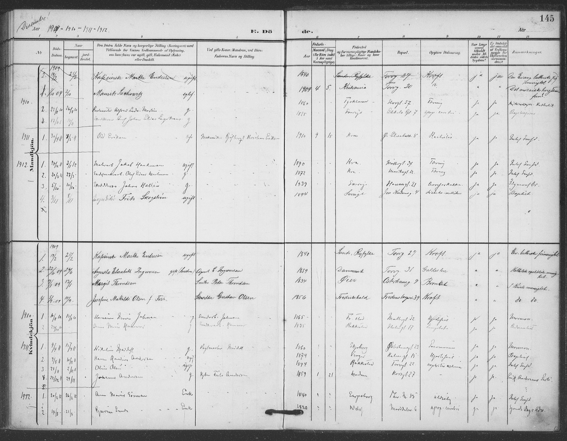Jakob prestekontor Kirkebøker, SAO/A-10850/F/Fa/L0011: Parish register (official) no. 11, 1906-1920, p. 145