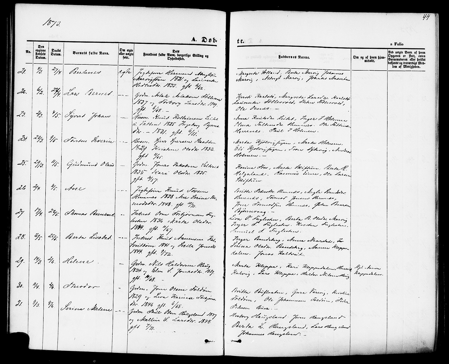 Jelsa sokneprestkontor, AV/SAST-A-101842/01/IV: Parish register (official) no. A 8, 1867-1883, p. 44