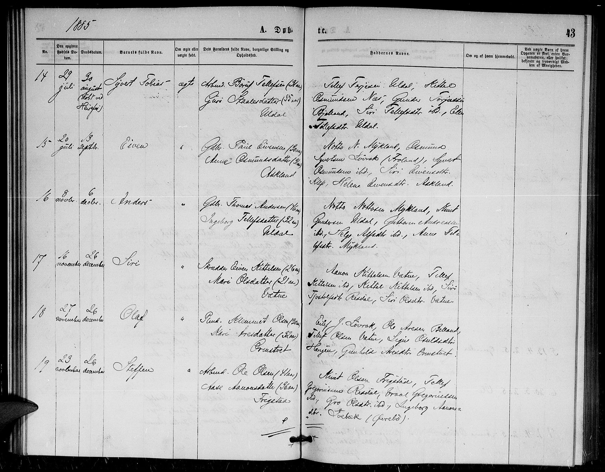 Herefoss sokneprestkontor, AV/SAK-1111-0019/F/Fa/Fac/L0001: Parish register (official) no. A 1, 1871-1886, p. 43