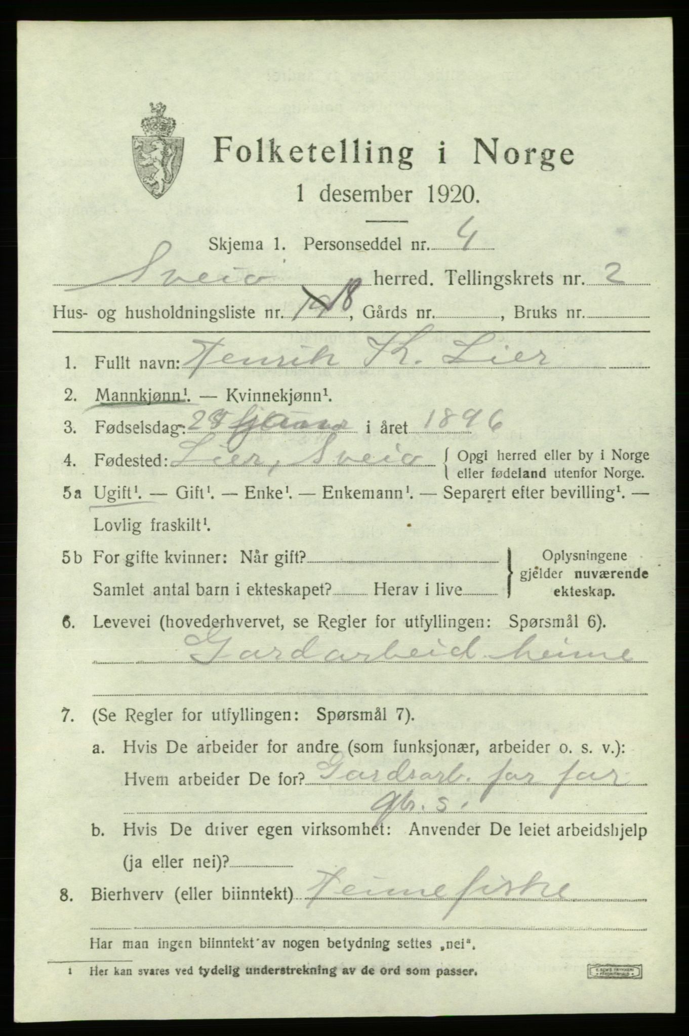 SAB, 1920 census for Sveio, 1920, p. 1496