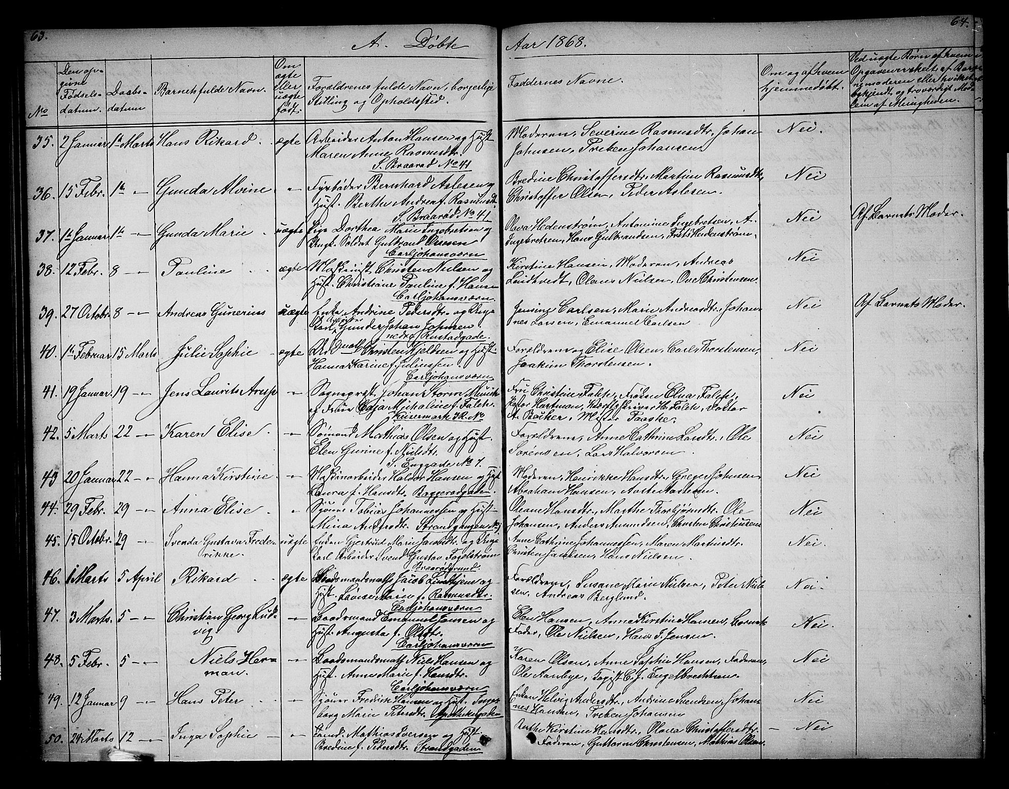 Horten kirkebøker, AV/SAKO-A-348/G/Ga/L0002: Parish register (copy) no. 2, 1864-1871, p. 63-64