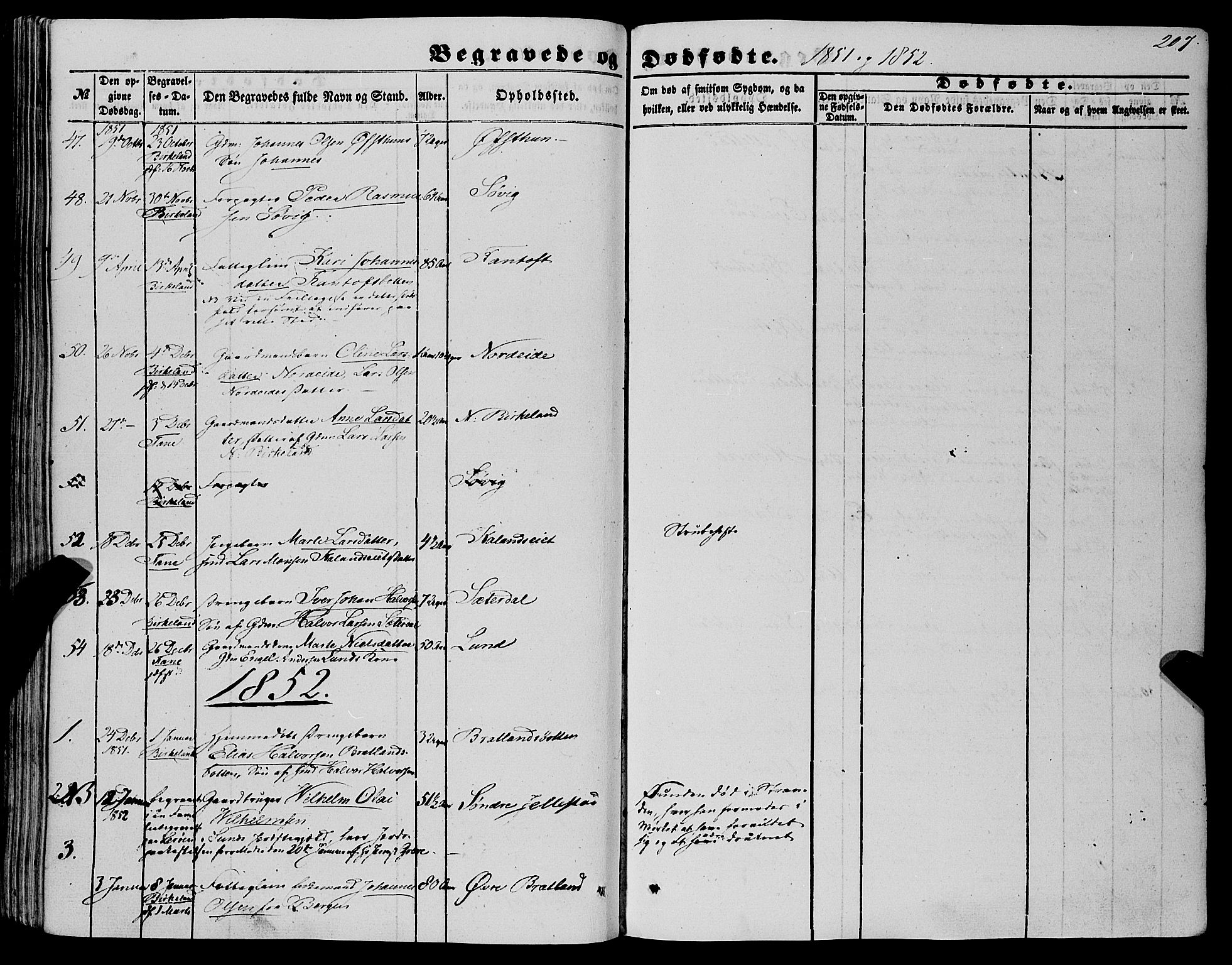 Fana Sokneprestembete, AV/SAB-A-75101/H/Haa/Haaa/L0011: Parish register (official) no. A 11, 1851-1862, p. 207