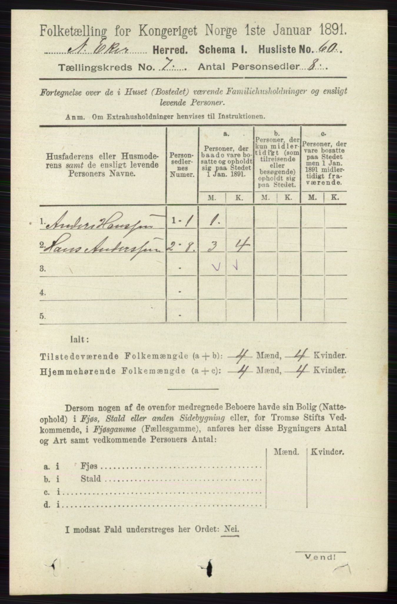 RA, 1891 census for 0625 Nedre Eiker, 1891, p. 3399