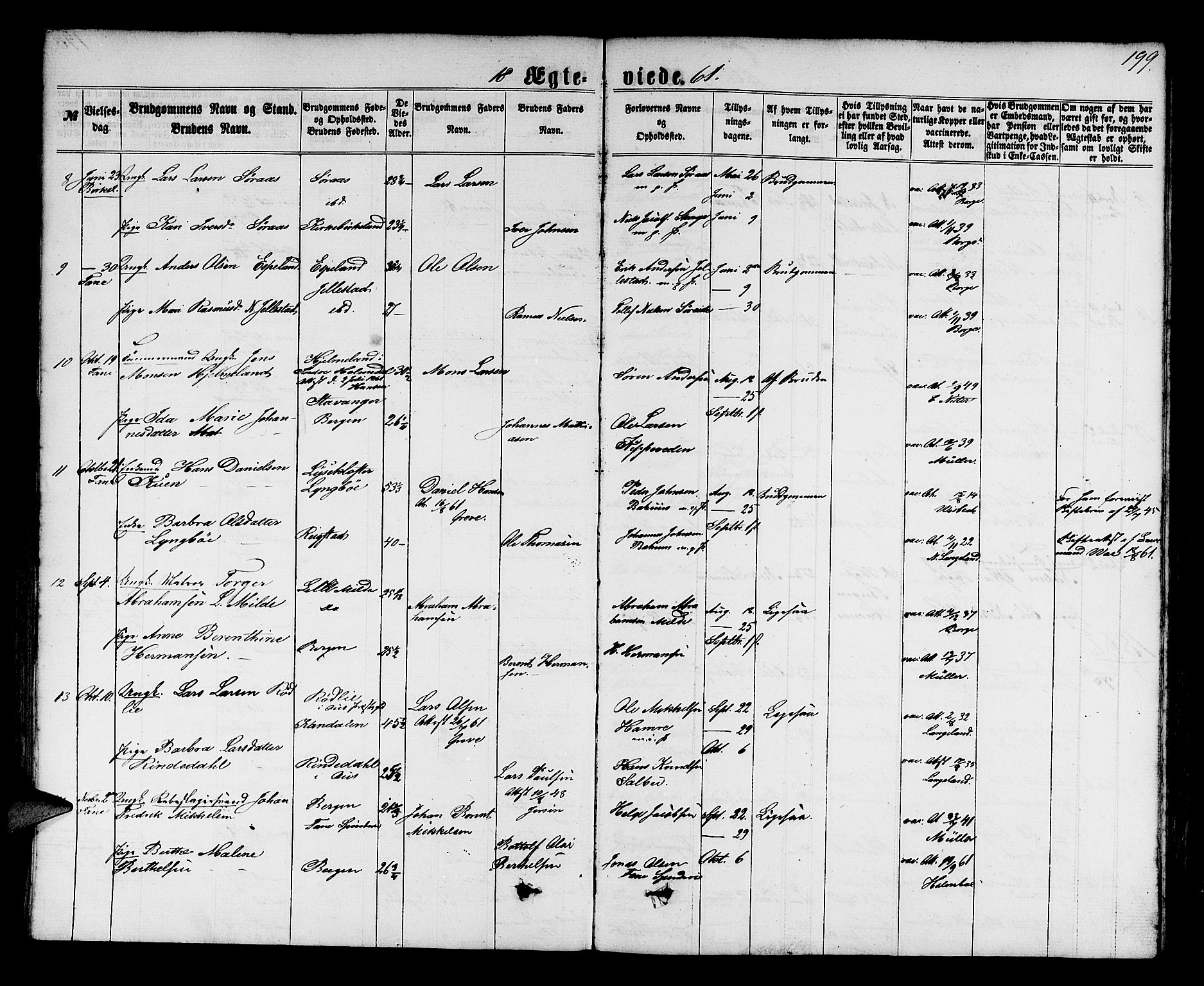 Fana Sokneprestembete, SAB/A-75101/H/Hab/Habb/L0003: Parish register (copy) no. B 3, 1861-1888, p. 199
