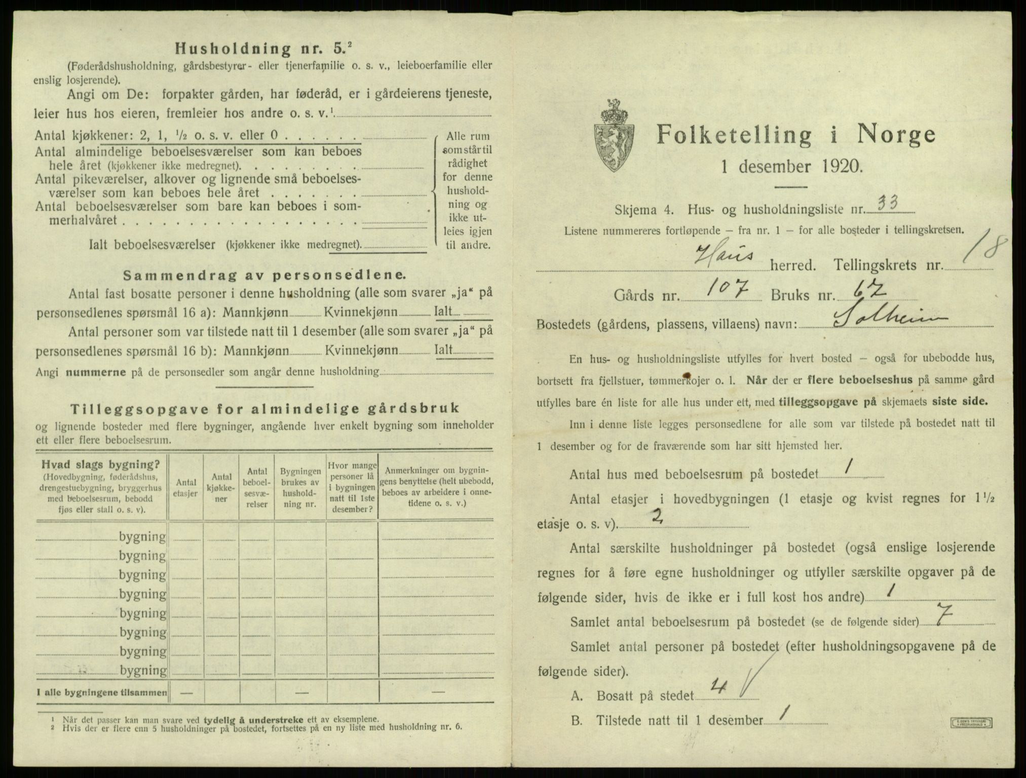 SAB, 1920 census for Haus, 1920, p. 1610