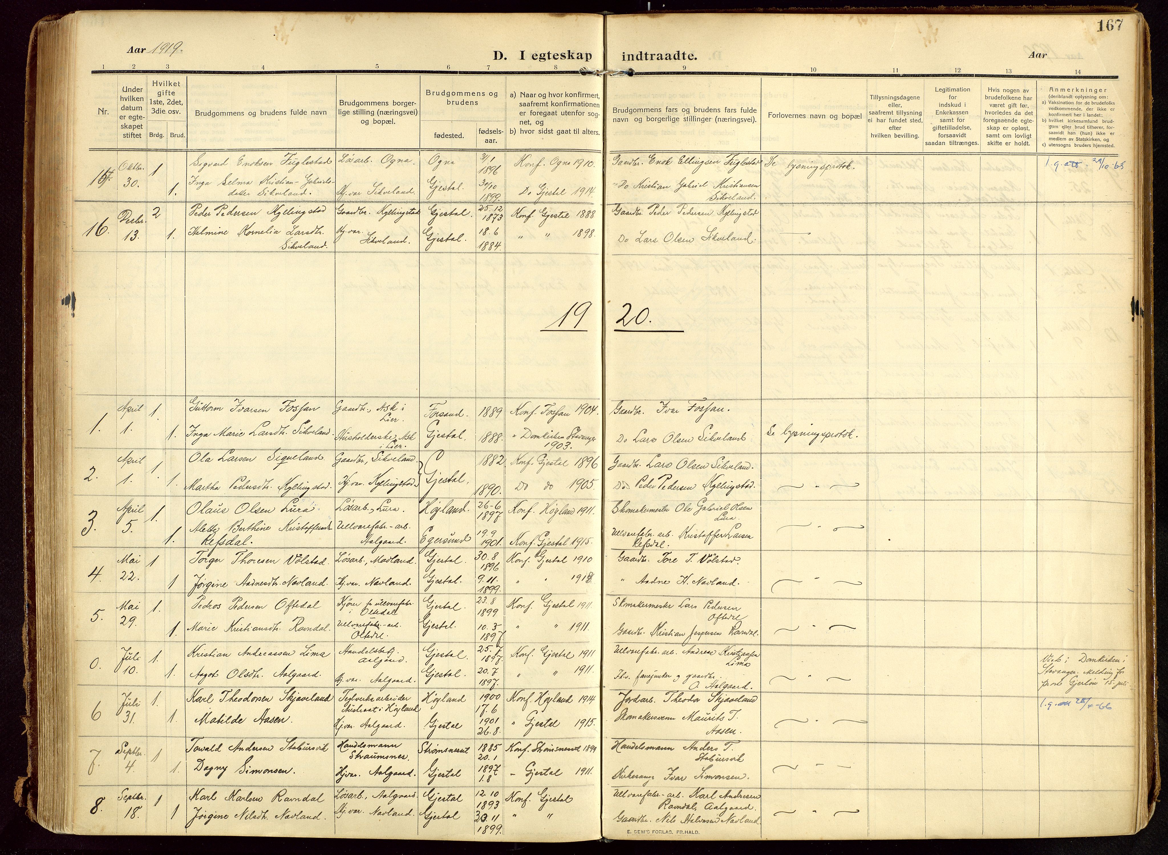 Lye sokneprestkontor, AV/SAST-A-101794/002/B/L0001: Parish register (official) no. A 13, 1910-1925, p. 167