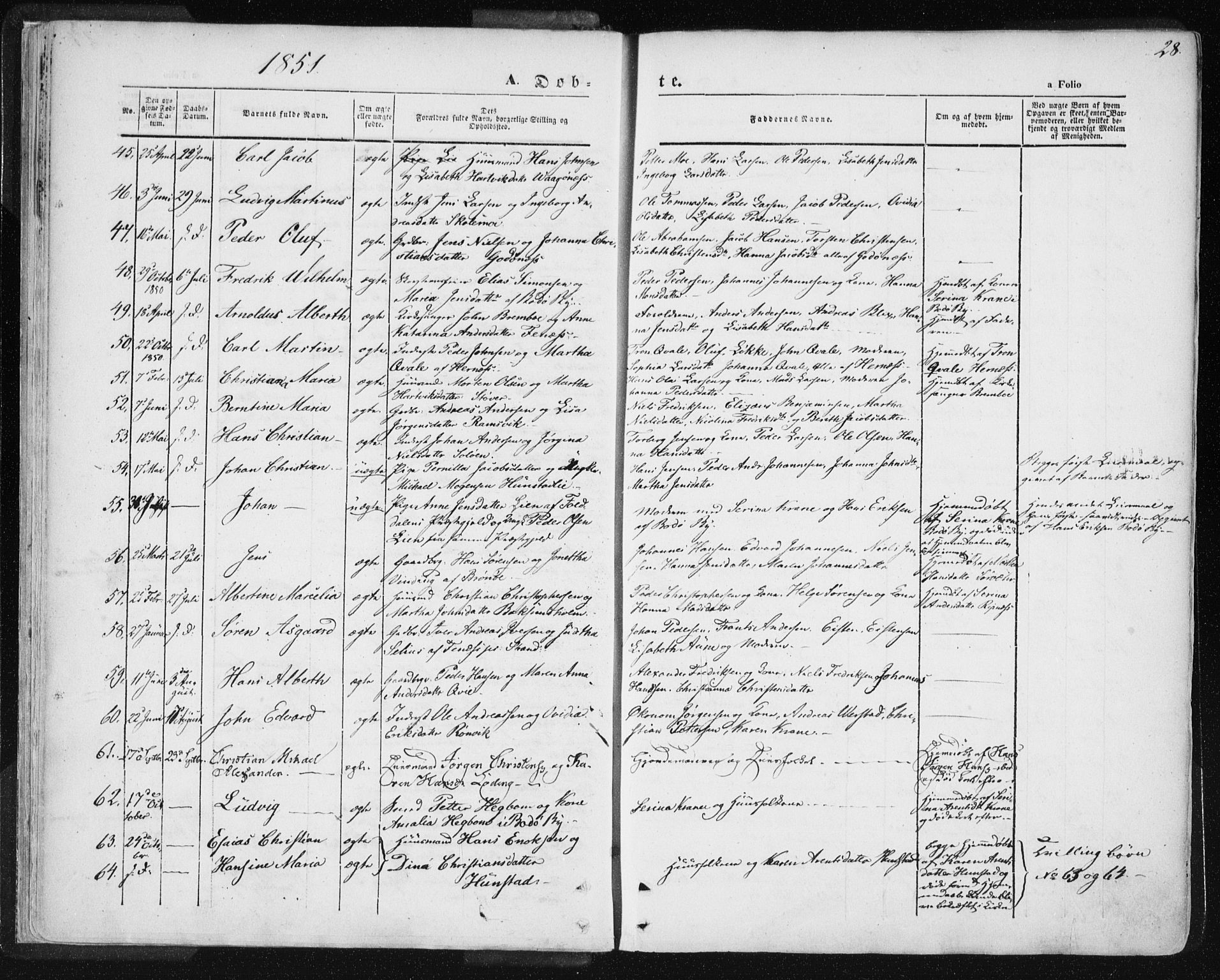 Ministerialprotokoller, klokkerbøker og fødselsregistre - Nordland, AV/SAT-A-1459/801/L0007: Parish register (official) no. 801A07, 1845-1863, p. 28