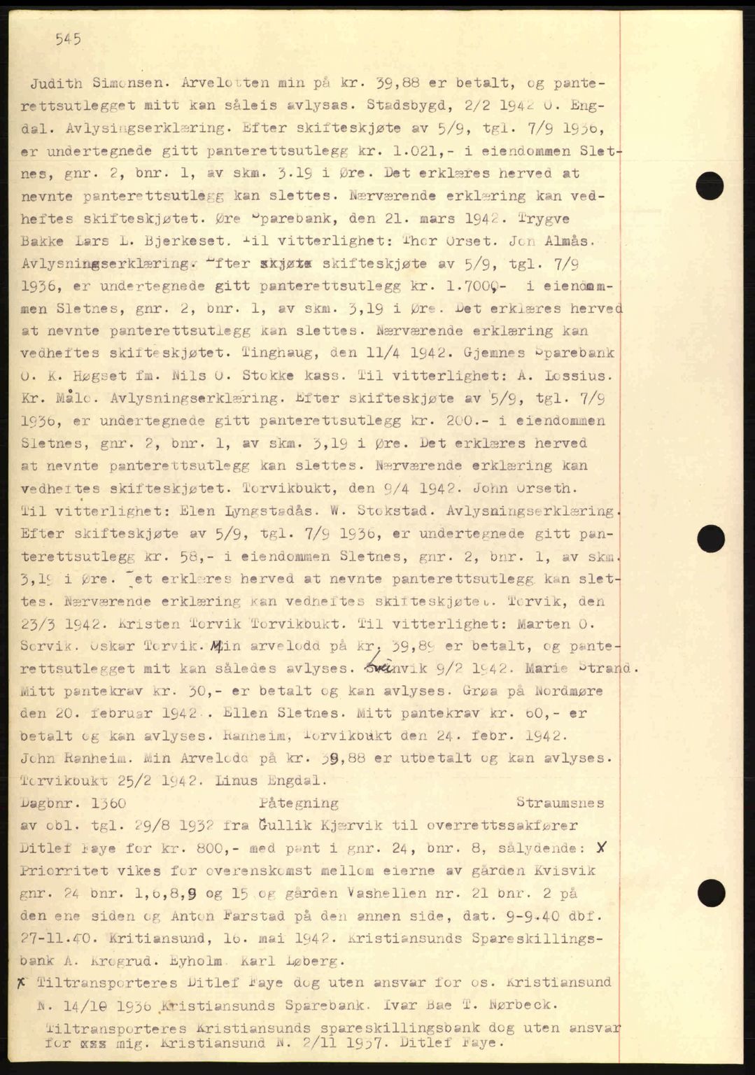 Nordmøre sorenskriveri, AV/SAT-A-4132/1/2/2Ca: Mortgage book no. C81, 1940-1945, Diary no: : 1354/1942