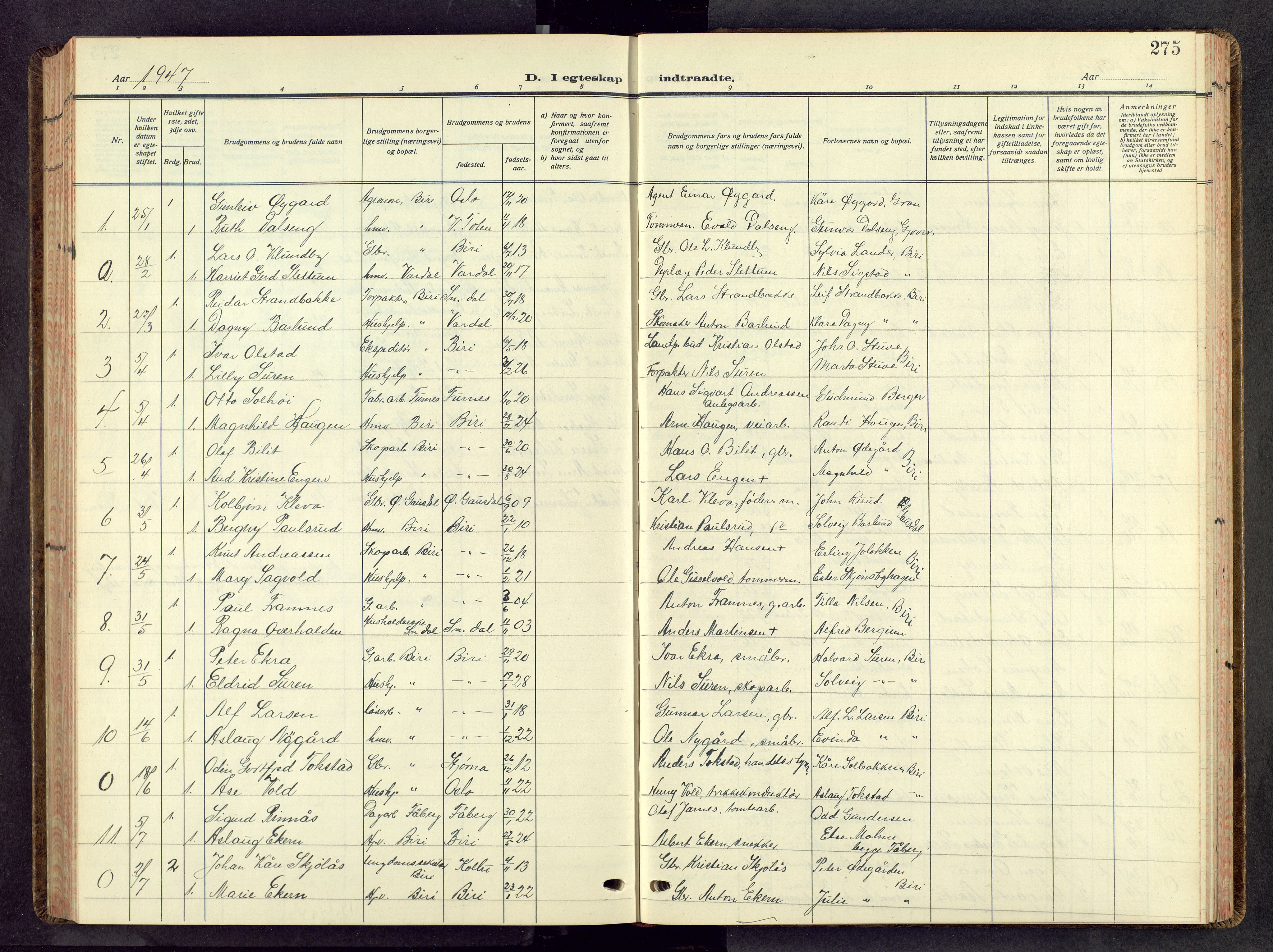 Biri prestekontor, AV/SAH-PREST-096/H/Ha/Hab/L0008: Parish register (copy) no. 8, 1939-1962, p. 275