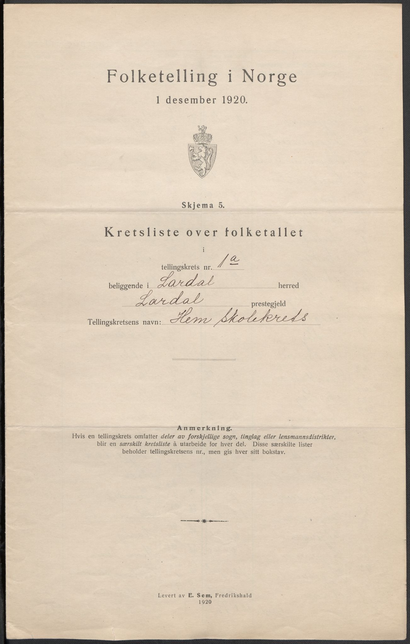 SAKO, 1920 census for Lardal, 1920, p. 5