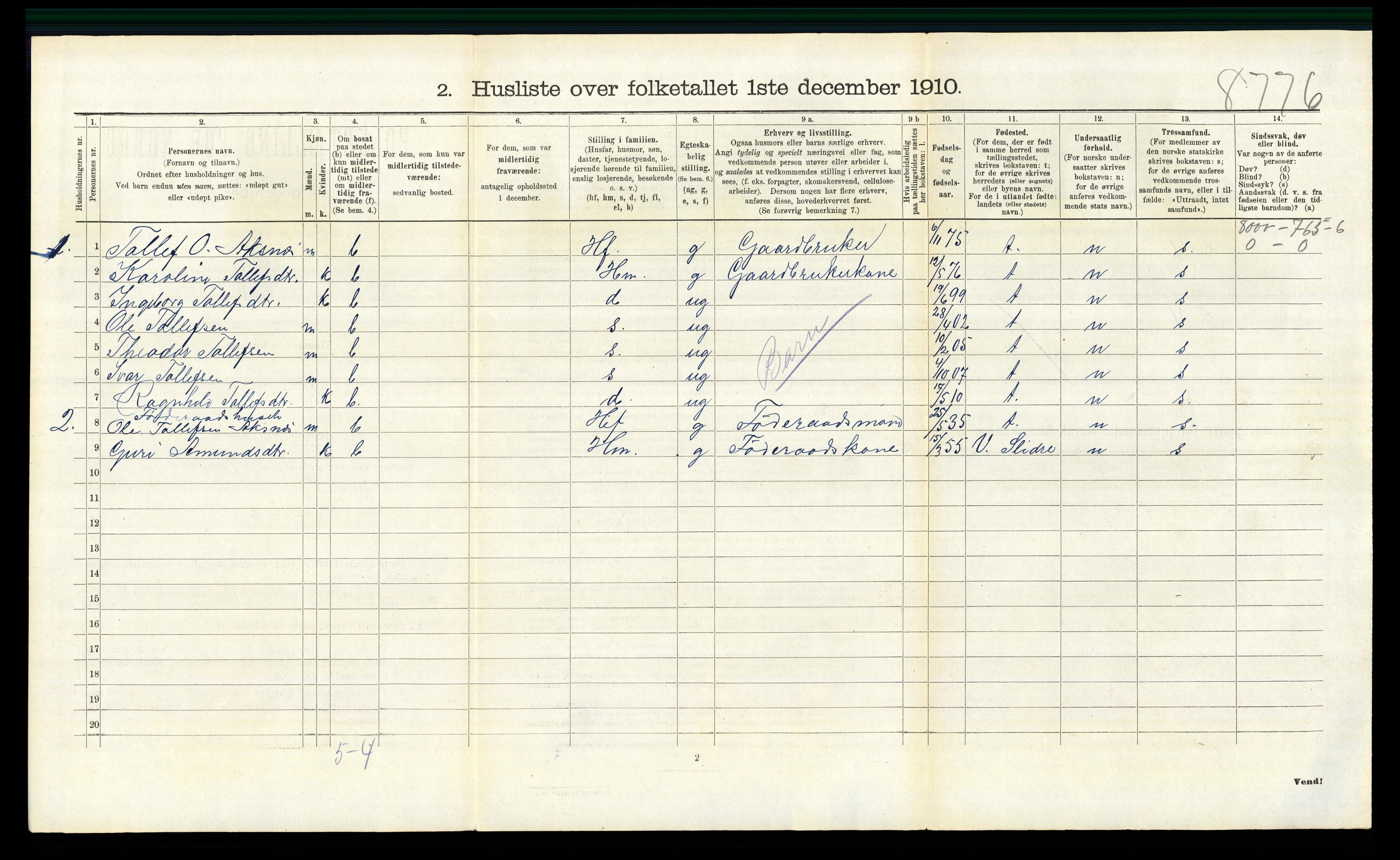 RA, 1910 census for Nord-Aurdal, 1910, p. 738