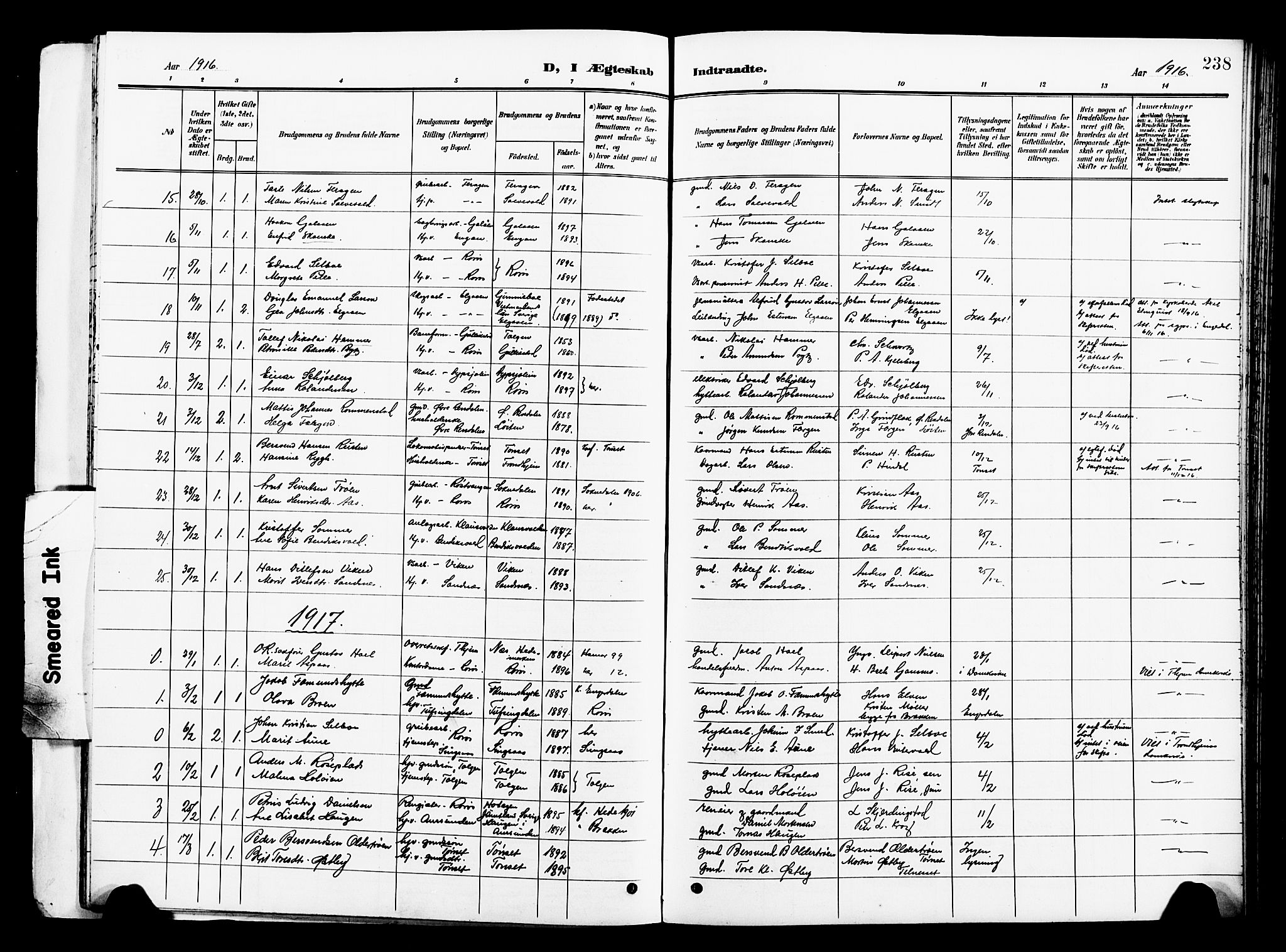 Ministerialprotokoller, klokkerbøker og fødselsregistre - Sør-Trøndelag, AV/SAT-A-1456/681/L0942: Parish register (copy) no. 681C06, 1906-1925, p. 238