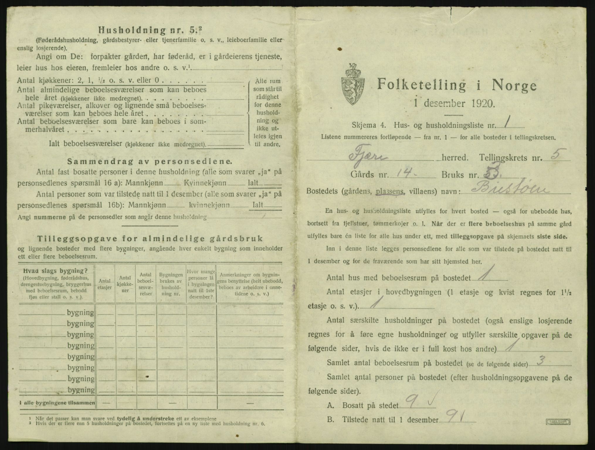 SAK, 1920 census for Fjære, 1920, p. 1013