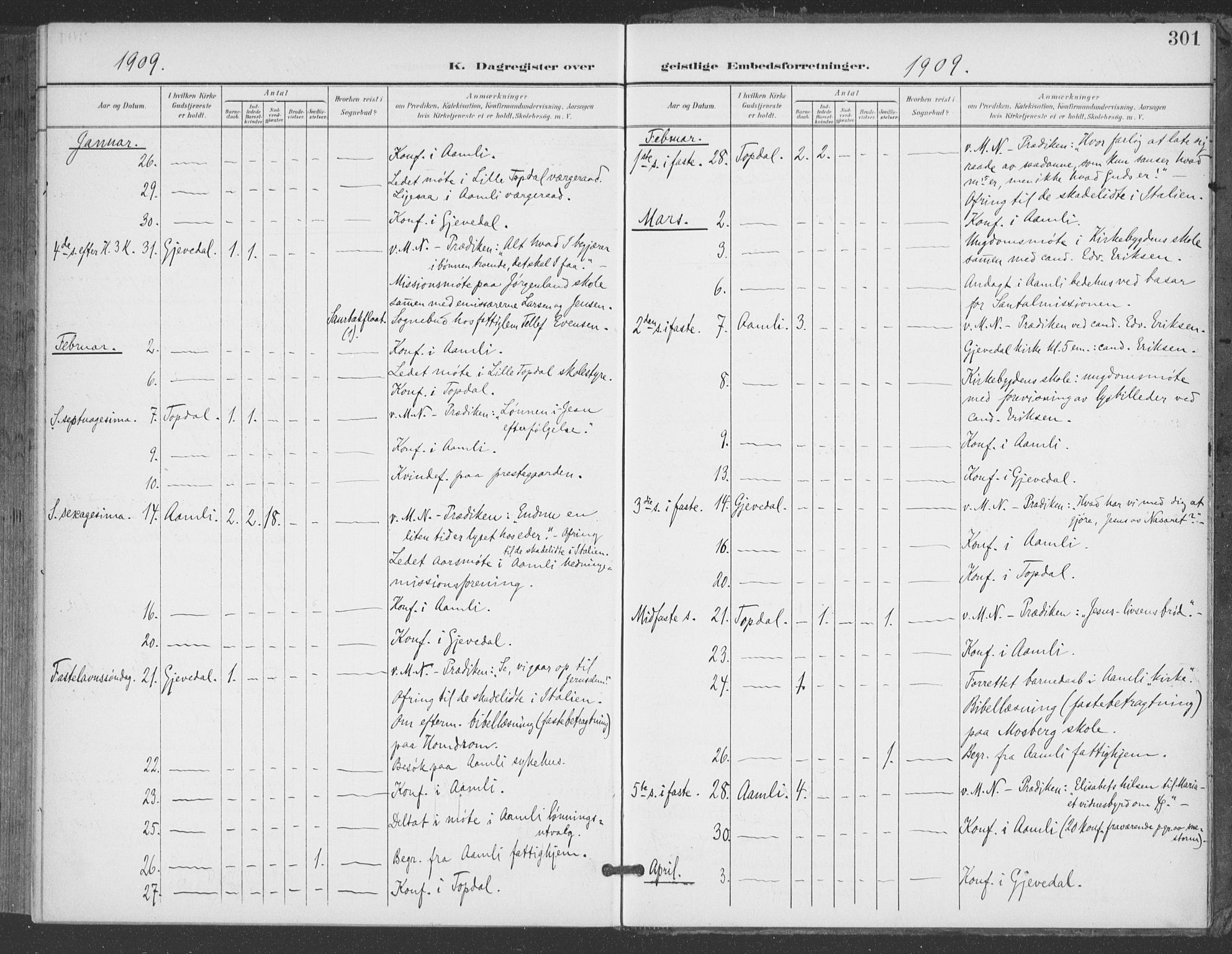 Åmli sokneprestkontor, AV/SAK-1111-0050/F/Fa/Fac/L0012: Parish register (official) no. A 12, 1900-1914, p. 301