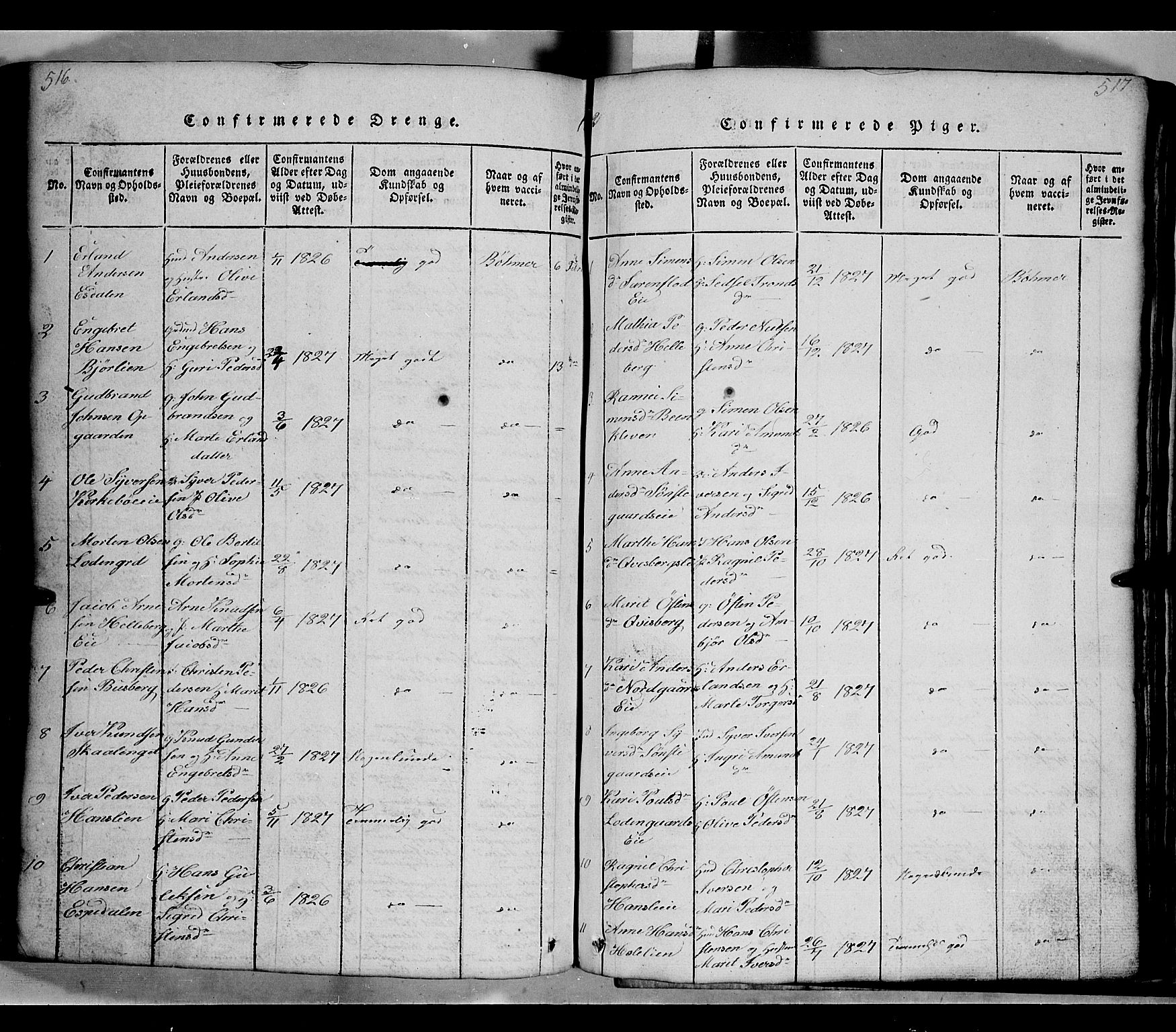 Gausdal prestekontor, SAH/PREST-090/H/Ha/Hab/L0002: Parish register (copy) no. 2, 1818-1874, p. 516-517