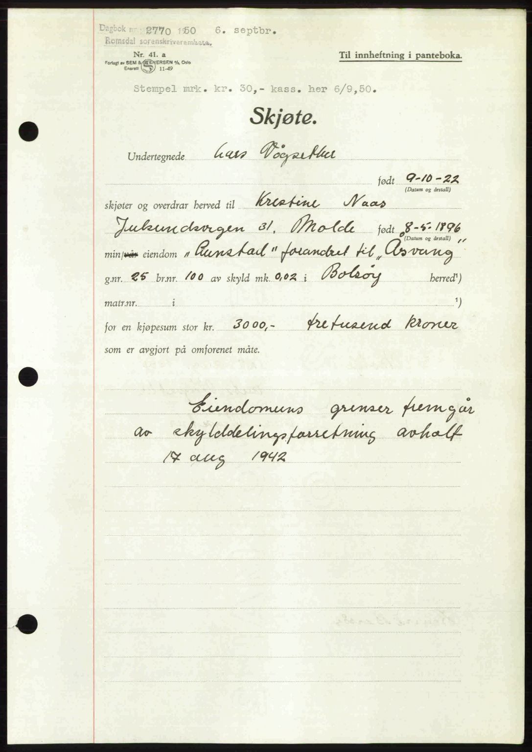 Romsdal sorenskriveri, AV/SAT-A-4149/1/2/2C: Mortgage book no. A34, 1950-1950, Diary no: : 2770/1950