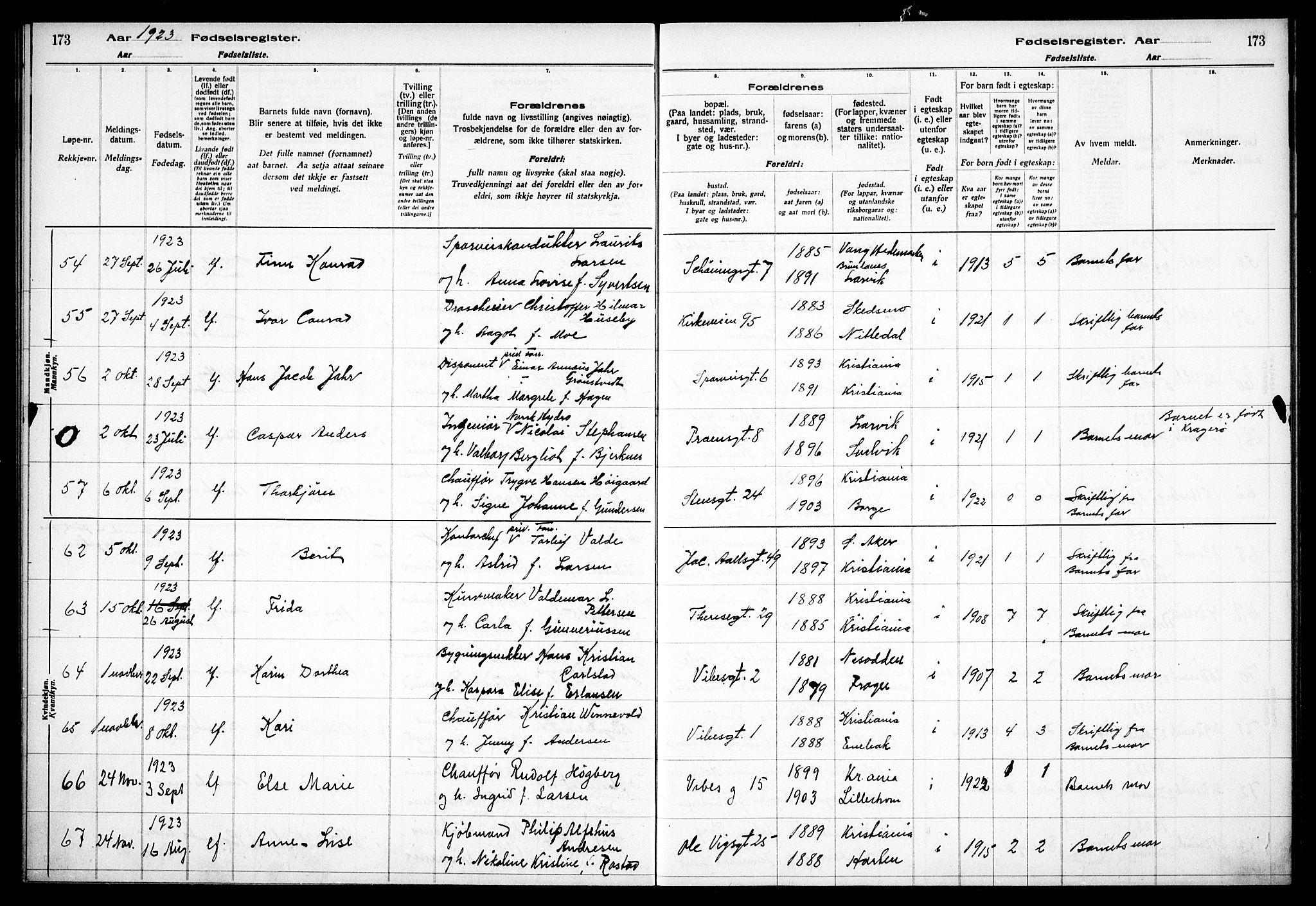 Fagerborg prestekontor Kirkebøker, AV/SAO-A-10844/J/Ja/L0001: Birth register no. 1, 1916-1925, p. 173