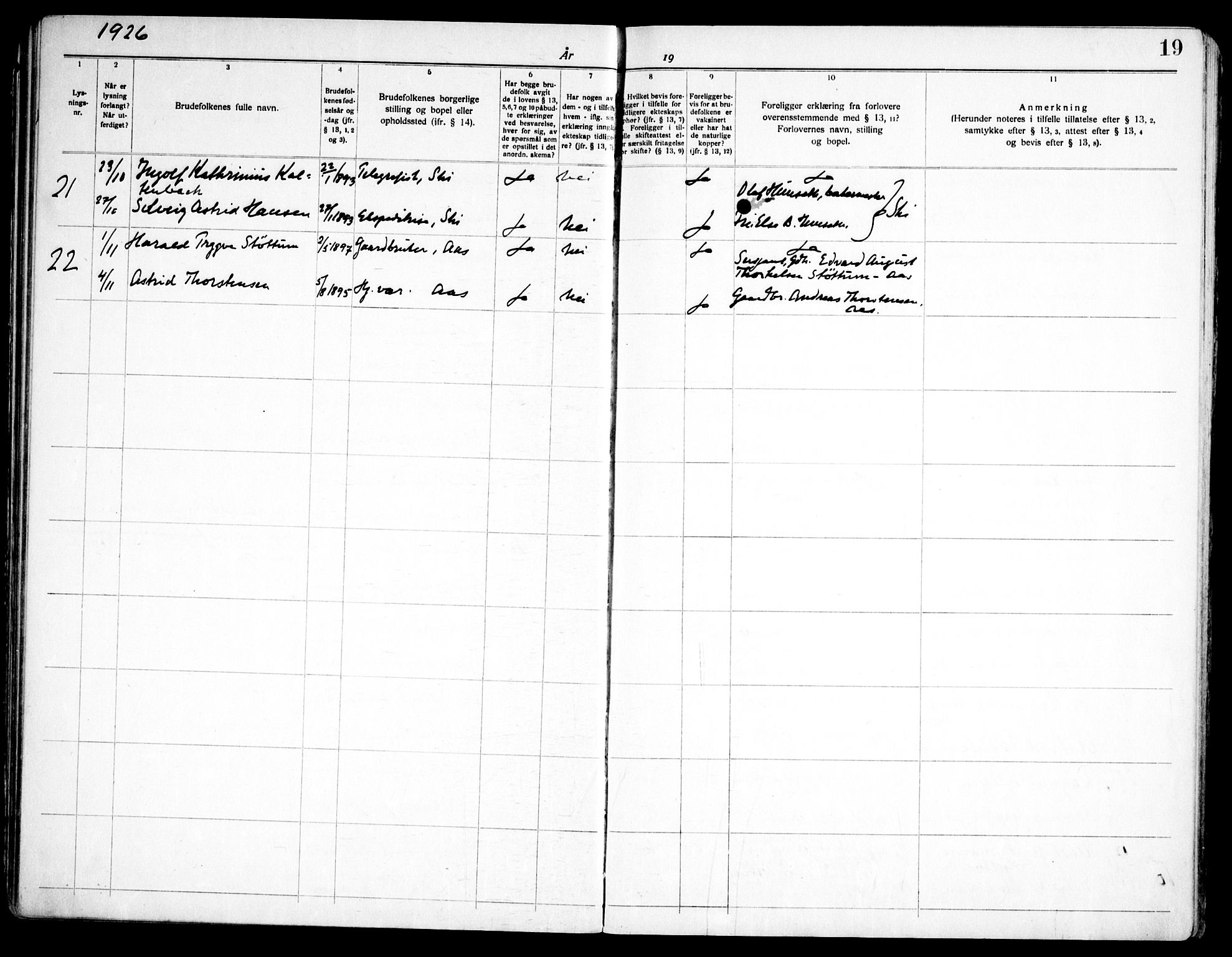 Ås prestekontor Kirkebøker, SAO/A-10894/H/Ha/L0001: Banns register no. 1, 1919-1946, p. 19