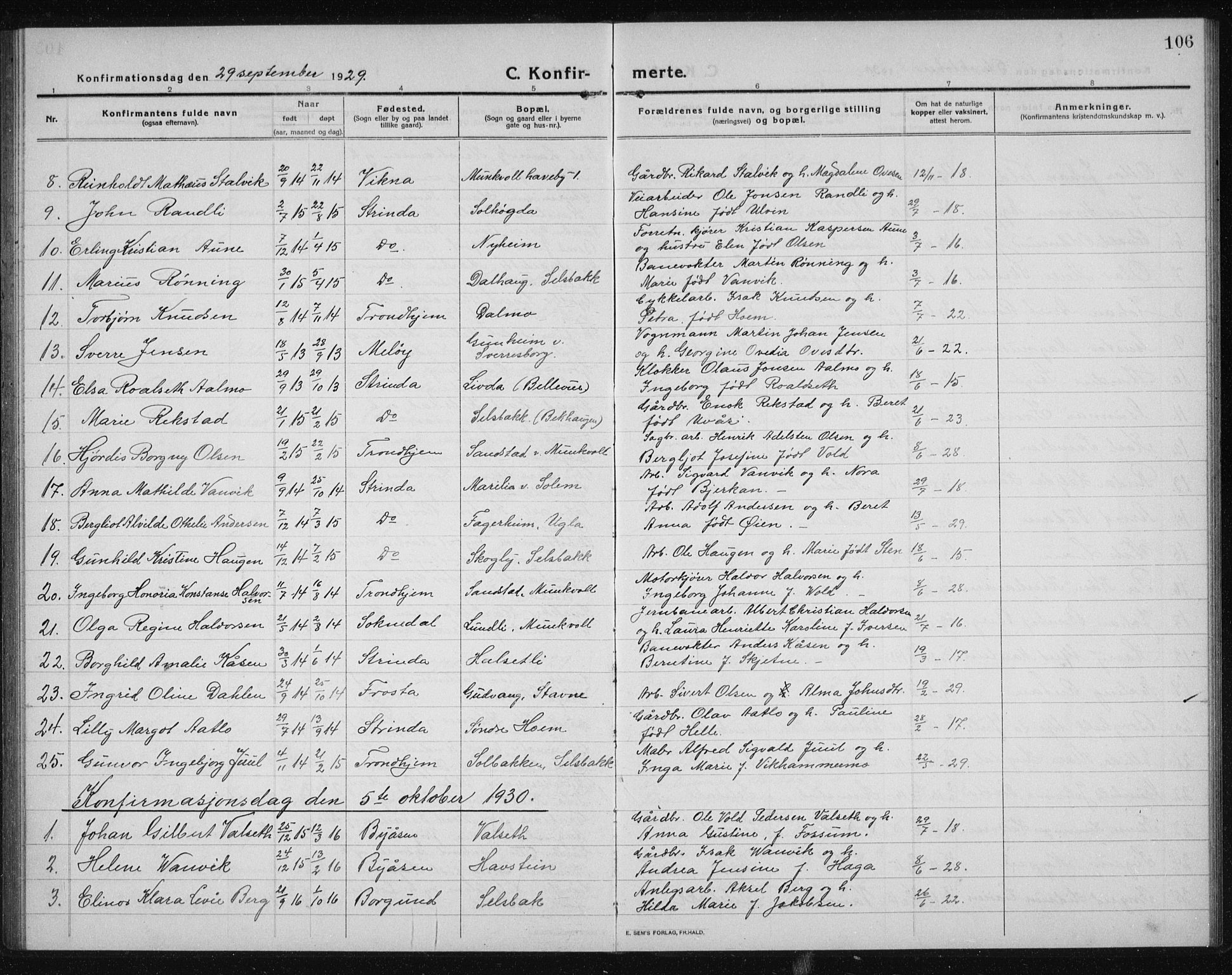 Ministerialprotokoller, klokkerbøker og fødselsregistre - Sør-Trøndelag, SAT/A-1456/611/L0356: Parish register (copy) no. 611C04, 1914-1938, p. 106