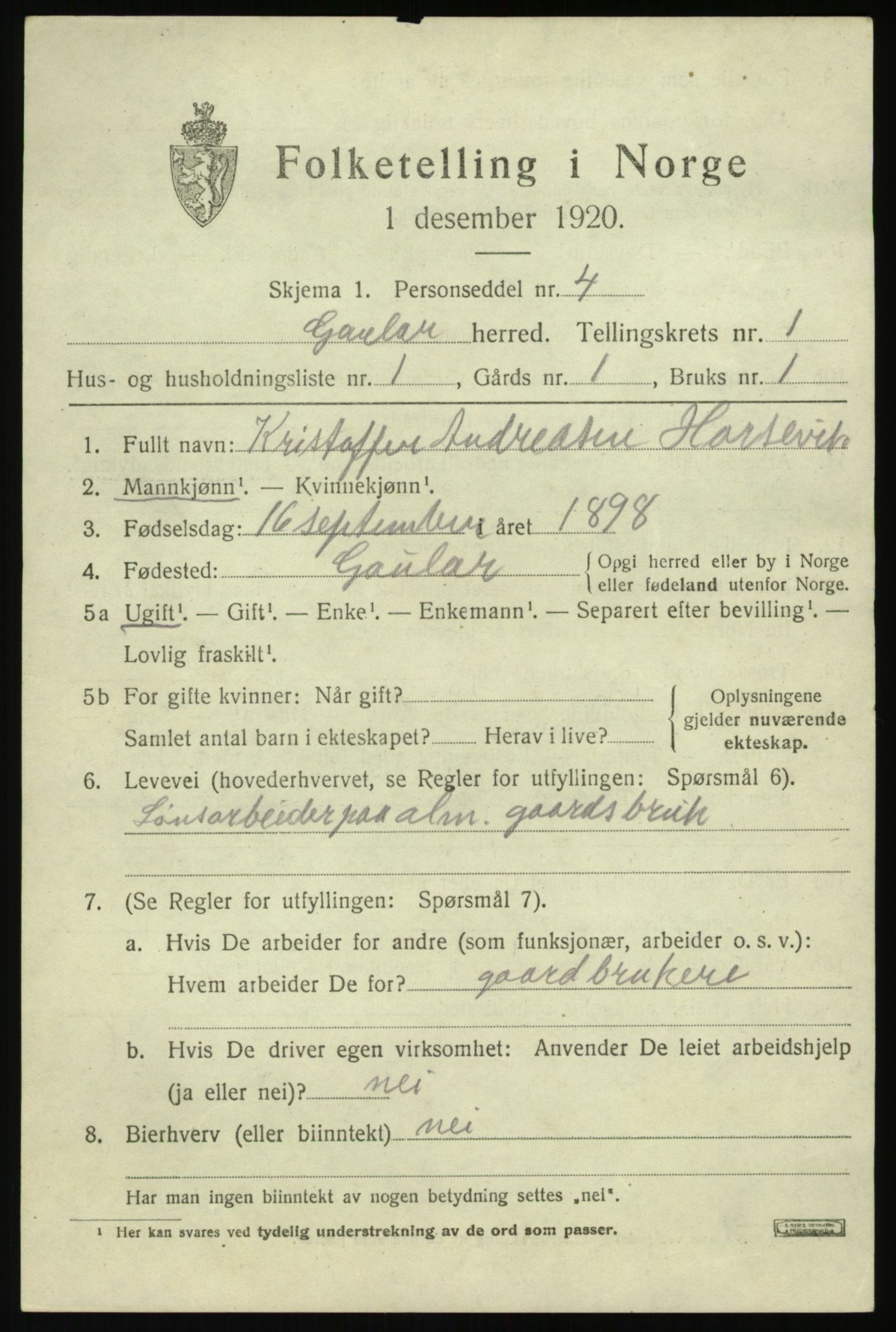 SAB, 1920 census for Gaular, 1920, p. 1272