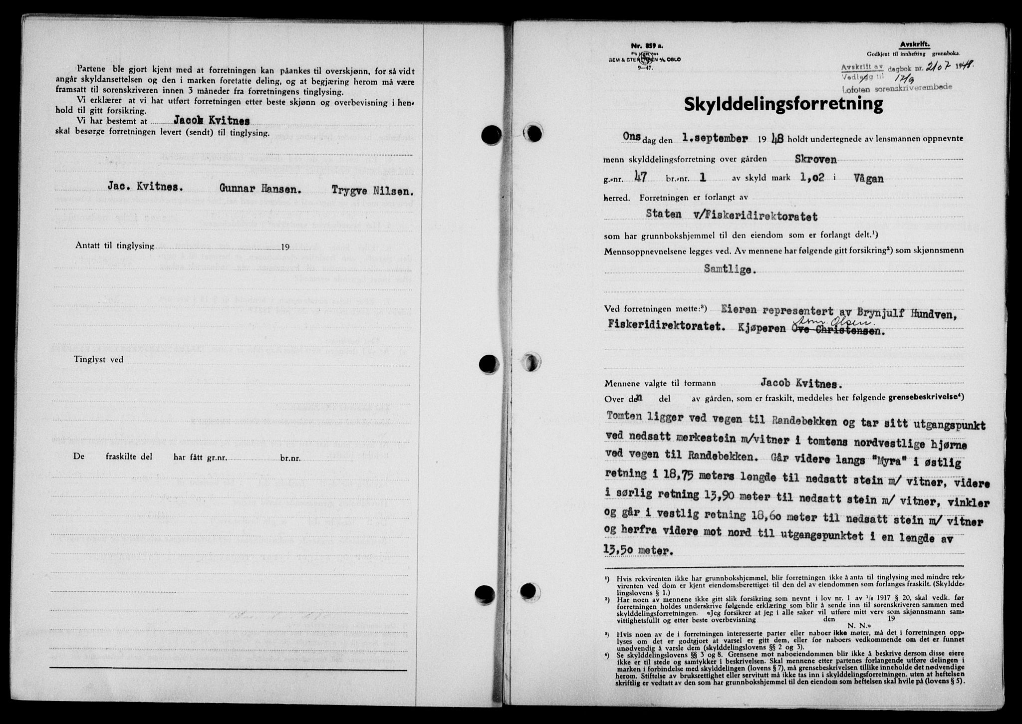 Lofoten sorenskriveri, SAT/A-0017/1/2/2C/L0019a: Mortgage book no. 19a, 1948-1948, Diary no: : 2107/1948