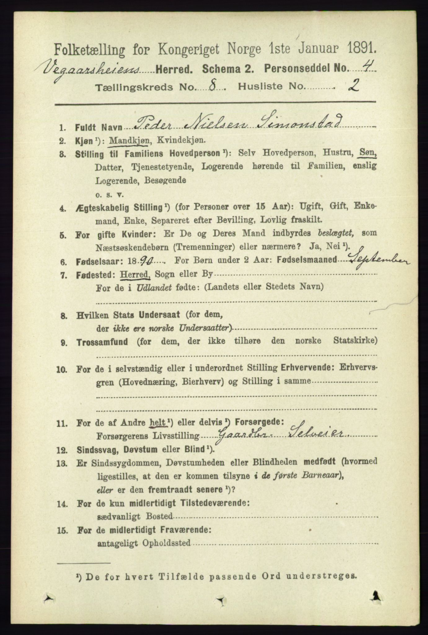 RA, 1891 census for 0912 Vegårshei, 1891, p. 1495