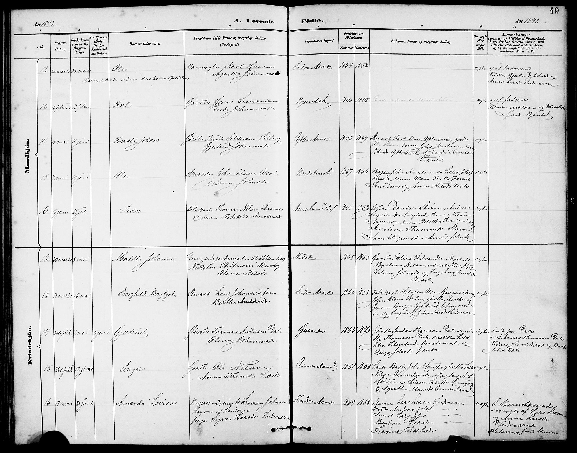 Arna sokneprestembete, AV/SAB-A-74001/H/Ha/Hab: Parish register (copy) no. A 3, 1887-1897, p. 49