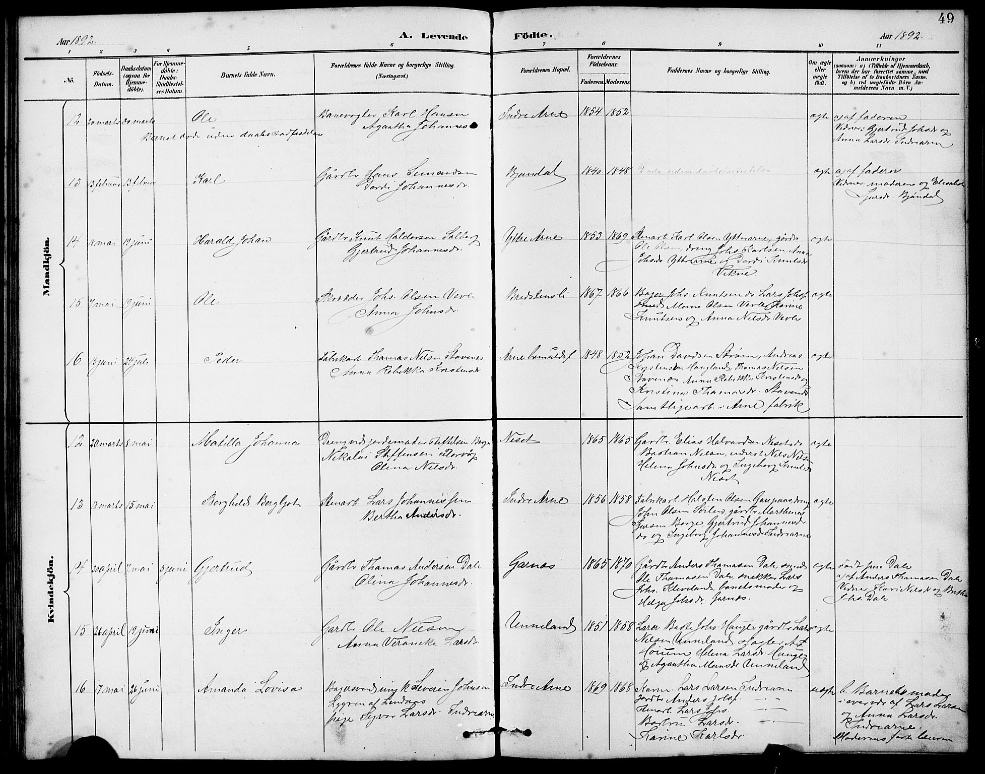 Arna sokneprestembete, AV/SAB-A-74001/H/Ha/Hab: Parish register (copy) no. A 3, 1887-1897, p. 49