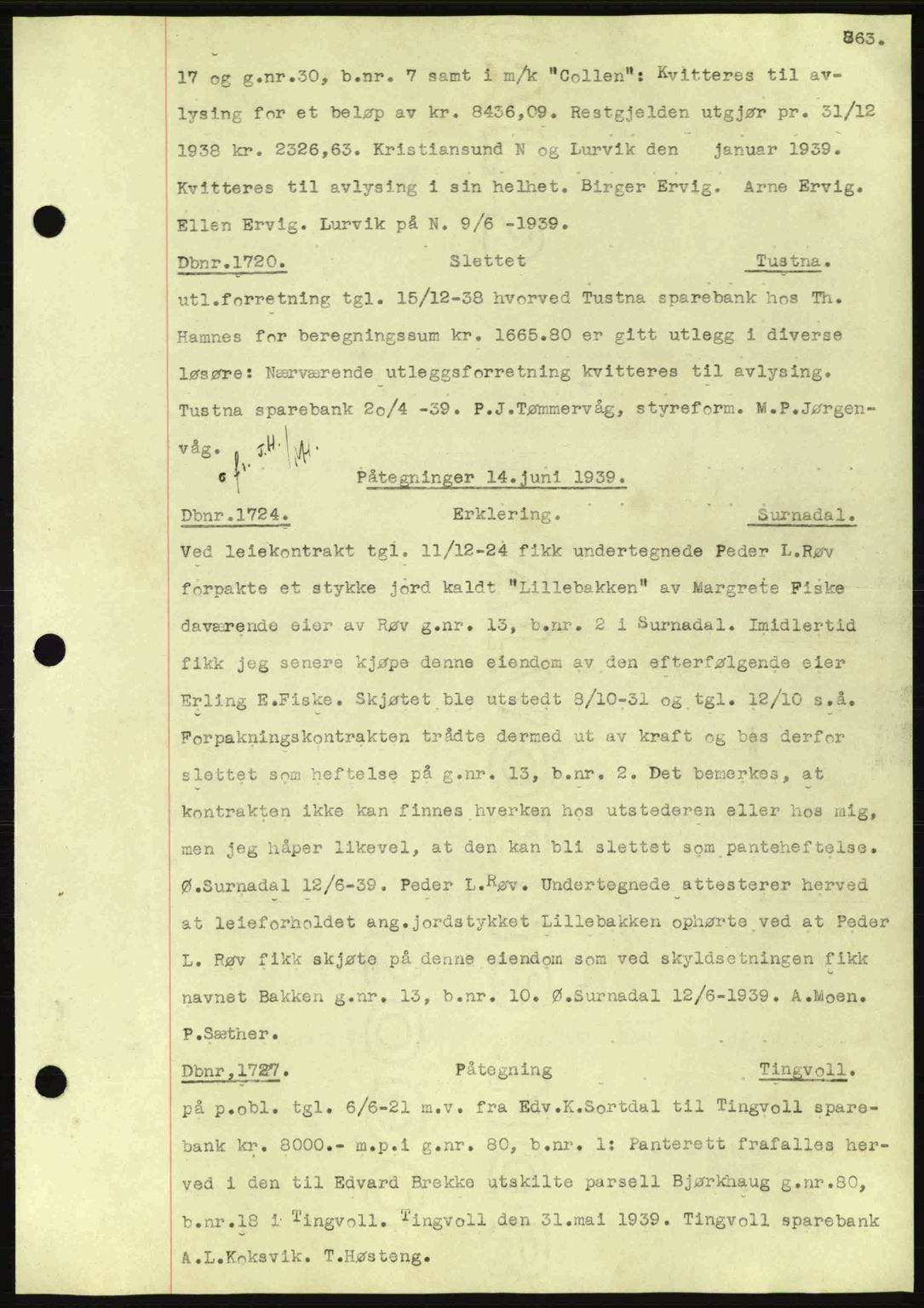 Nordmøre sorenskriveri, AV/SAT-A-4132/1/2/2Ca: Mortgage book no. C80, 1936-1939, Diary no: : 1720/1939