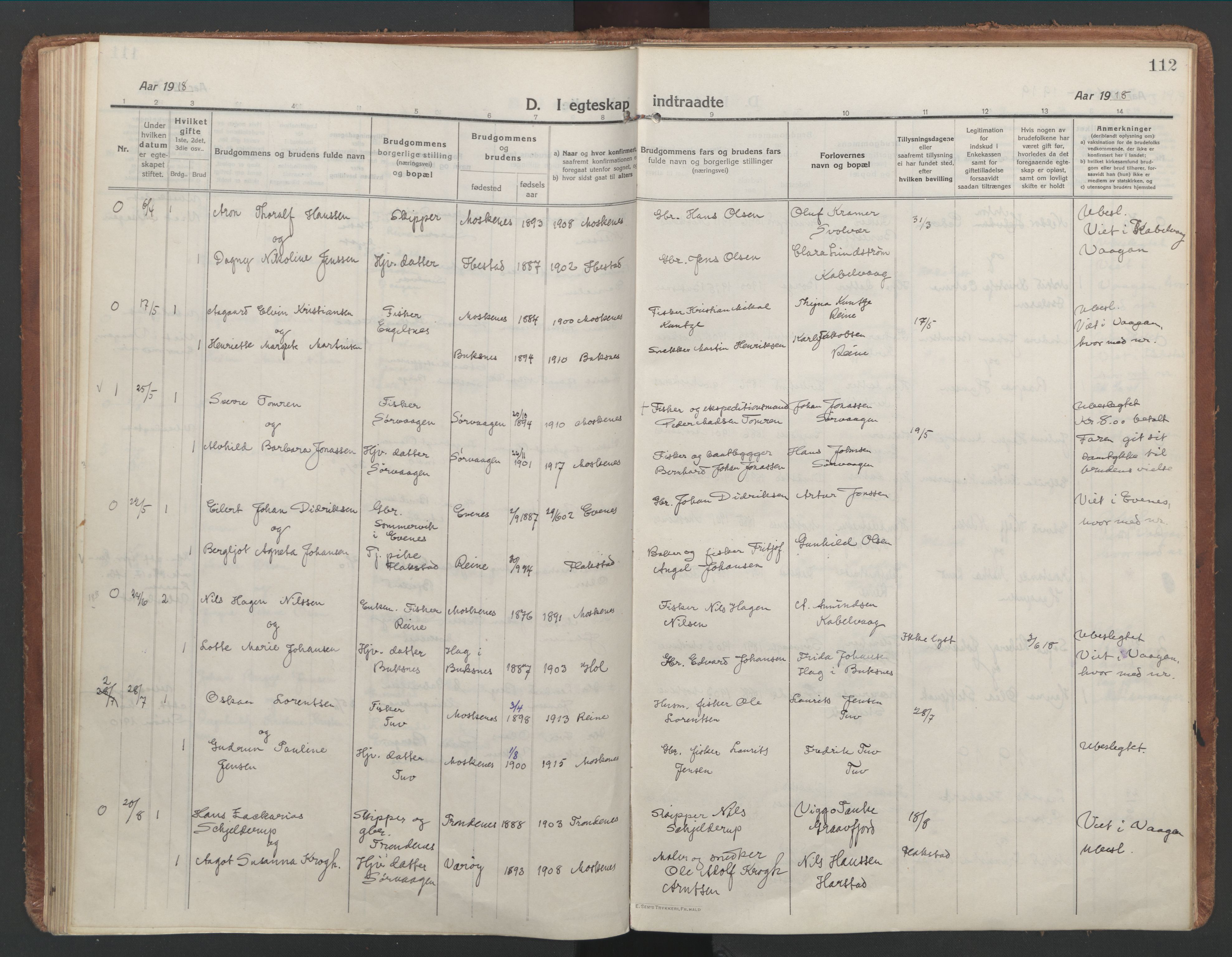Ministerialprotokoller, klokkerbøker og fødselsregistre - Nordland, SAT/A-1459/886/L1222: Parish register (official) no. 886A04, 1914-1926, p. 112