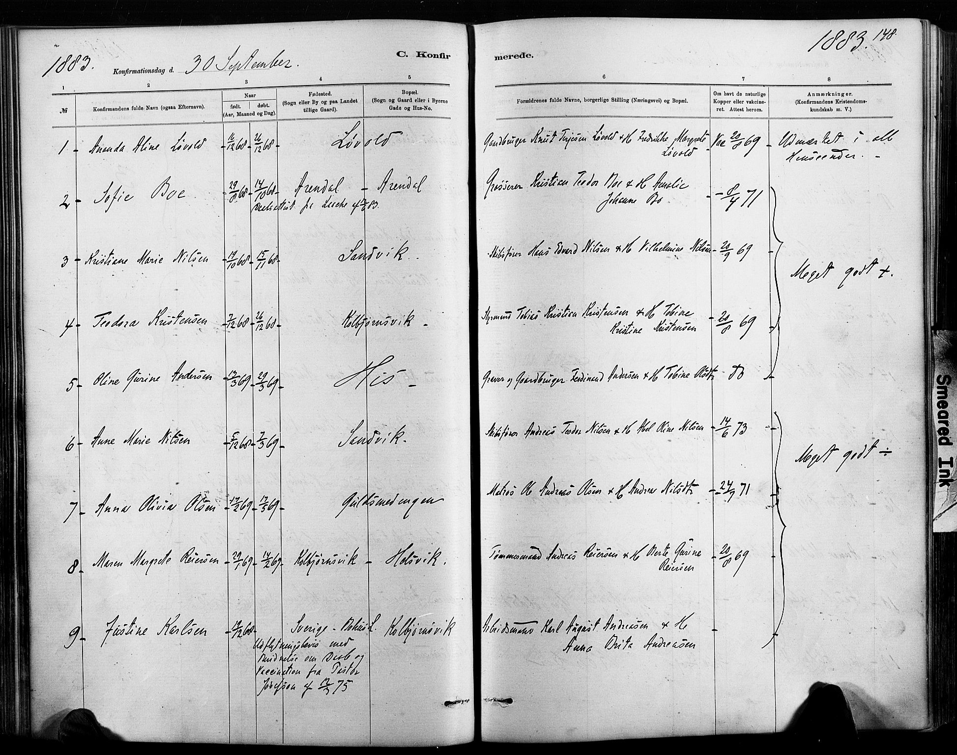 Hisøy sokneprestkontor, AV/SAK-1111-0020/F/Fa/L0003: Parish register (official) no. A 3, 1881-1894, p. 148